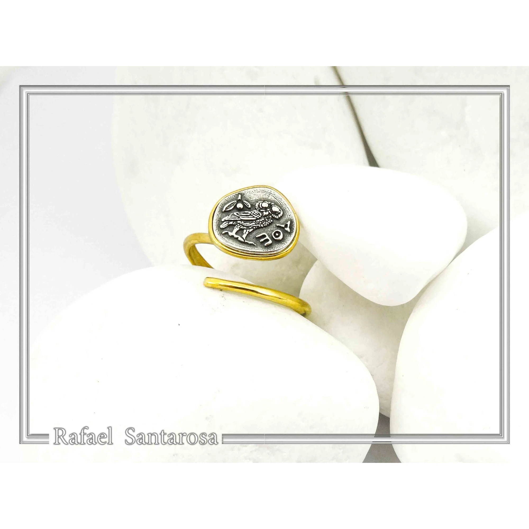 Goddess Athena Owl Wisdom symbol Greek Coin Ring: Oxidized Sterling Silver, 18k Gold-Filled — additional product image 5 from Rafael Santarosa Fine Jewelry