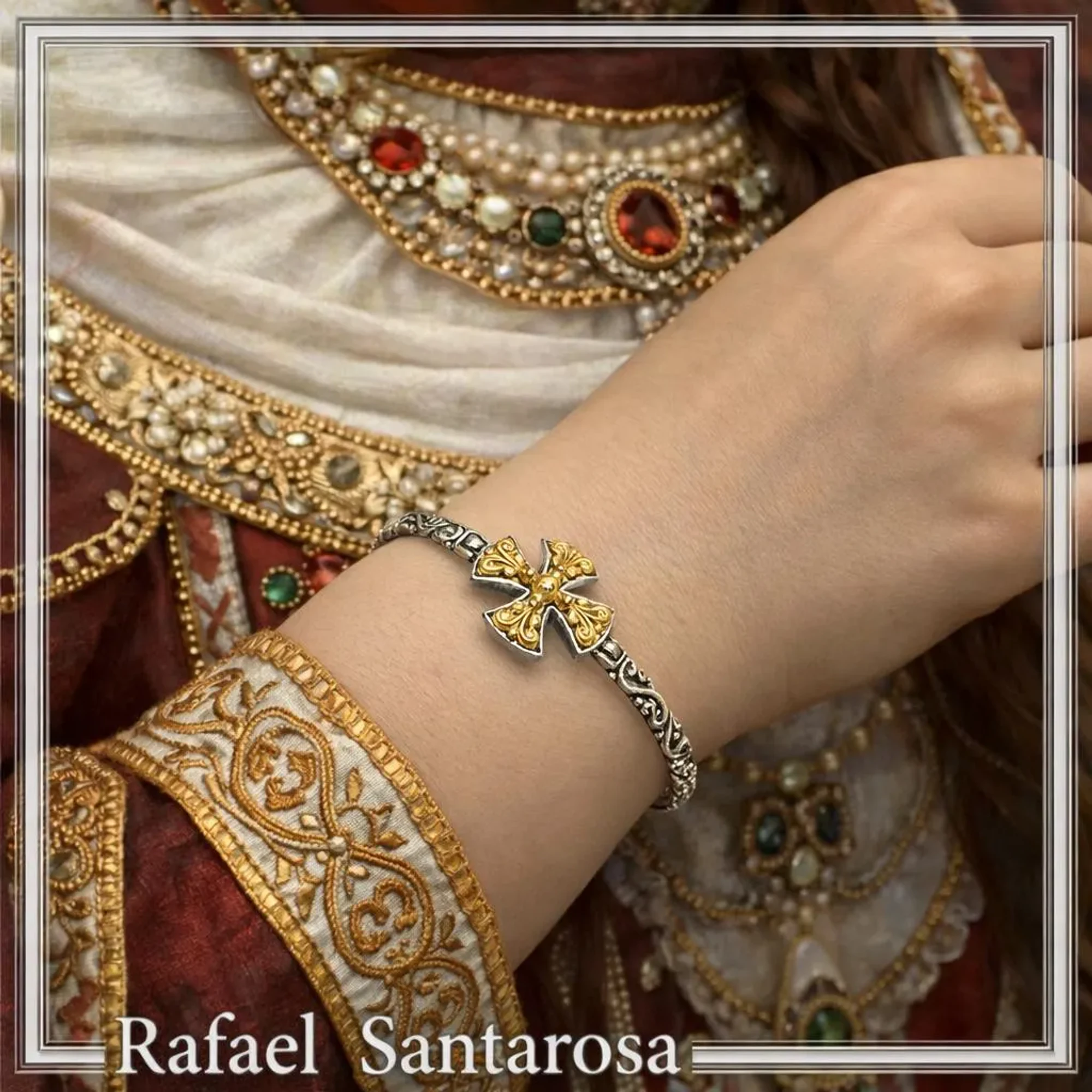 Byzantine Filigree Cross Bracelet: Oxidized and 18K Gold Filled Sterling Silver — additional product image 2 from Rafael Santarosa Fine Jewelry