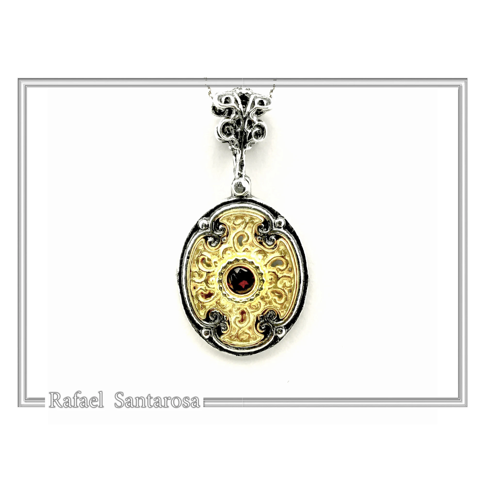 Byzantine Cross Shaped Natural Red Garnet Filigree Necklace: 18K Gold filled and oxidised Silver — additional product image 4 from Rafael Santarosa Fine Jewelry