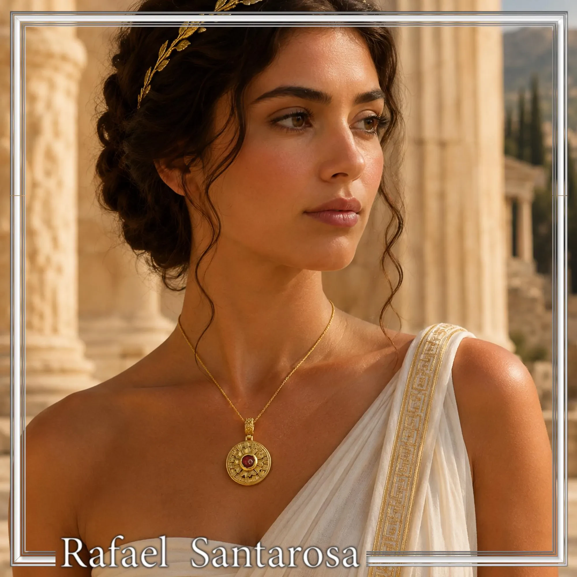 Ancient Greek Flower Museum Replica Pendant, Sterling Silver 18K Gold Filled Natural Garnet Necklace — additional product image 5 from Rafael Santarosa Fine Jewelry