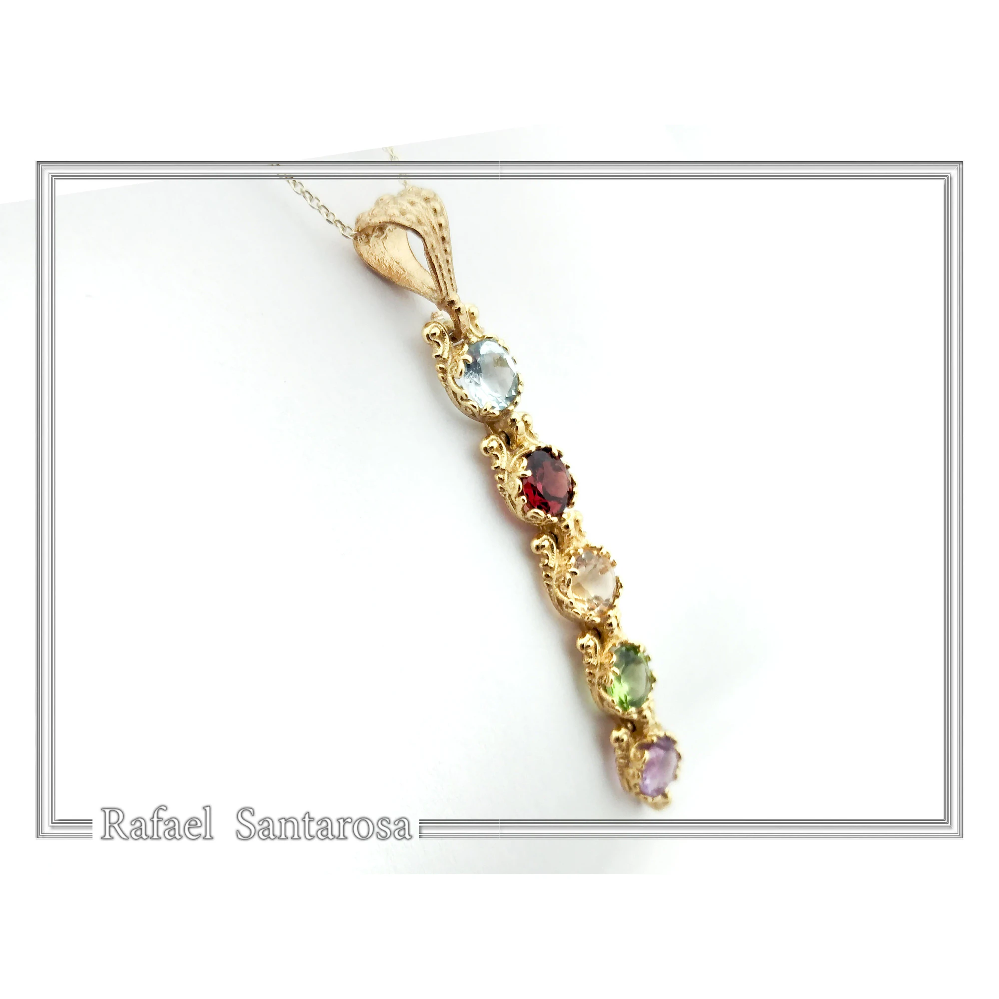 Filigree Natural Gemstones Pendant with Byzantine ornaments on bezel: 18K Gold-Filled Sterling Silver — additional product image 4 from Rafael Santarosa Fine Jewelry