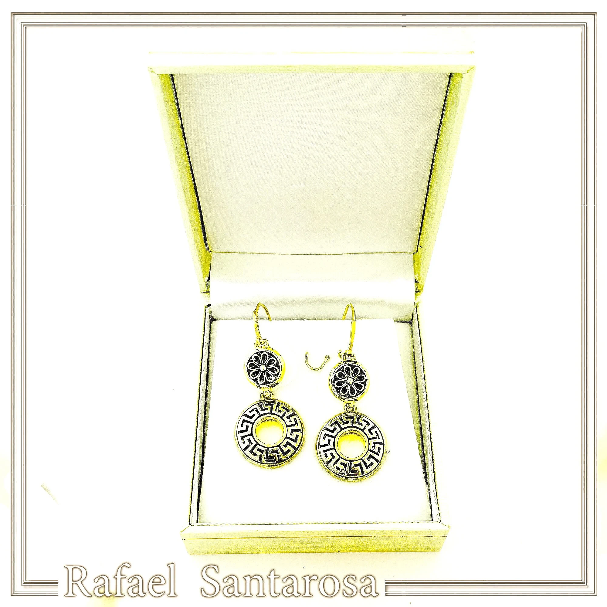 Greek Key and Greek flower Museum Earrings: 18K Gold Filled & Oxidized Sterling Silver — additional product image 8 from Rafael Santarosa Fine Jewelry