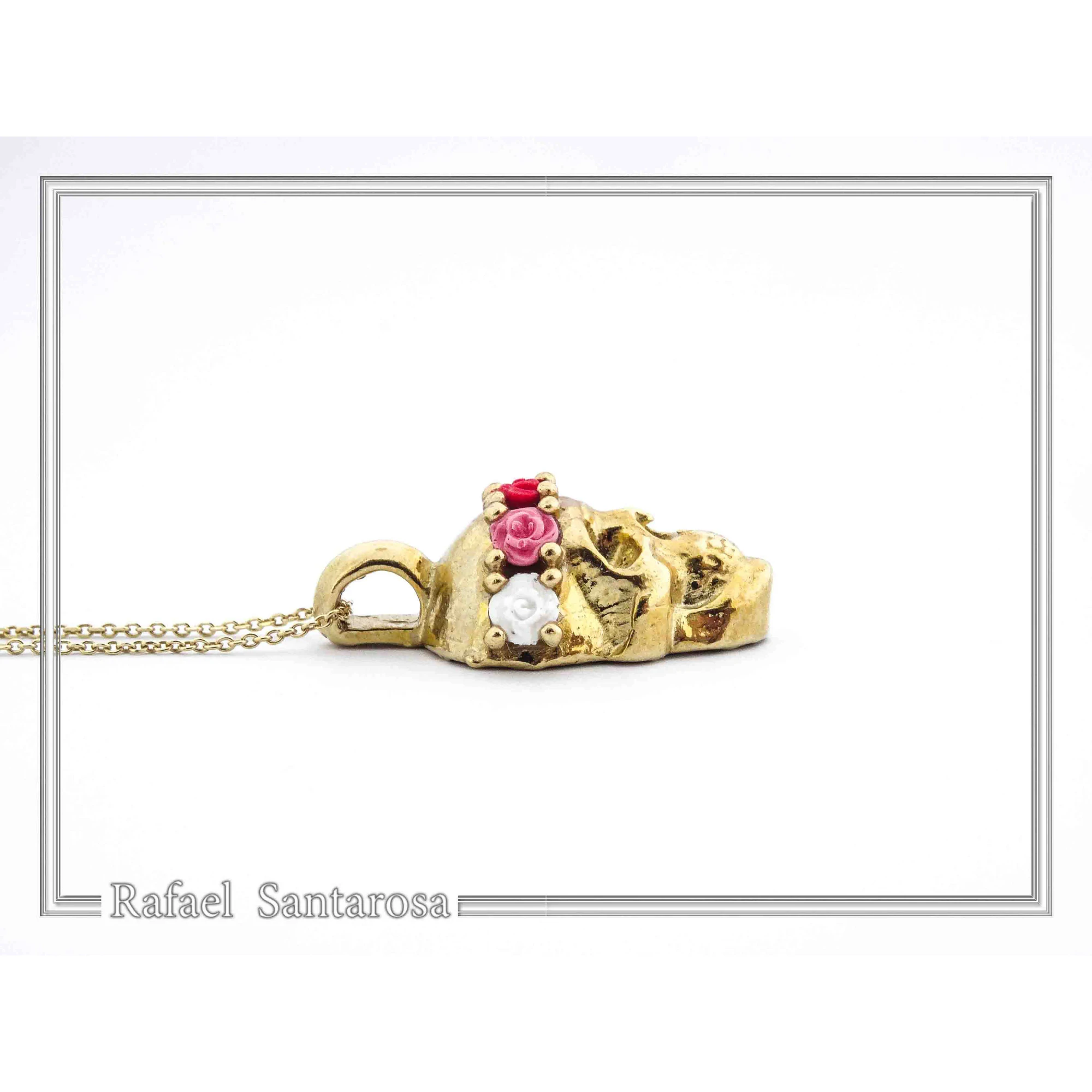 Skull With Rose Flowers Wreath Gothic Necklace: Sterling Silver 18K Gold Filled Pendant — additional product image 6 from Rafael Santarosa Fine Jewelry