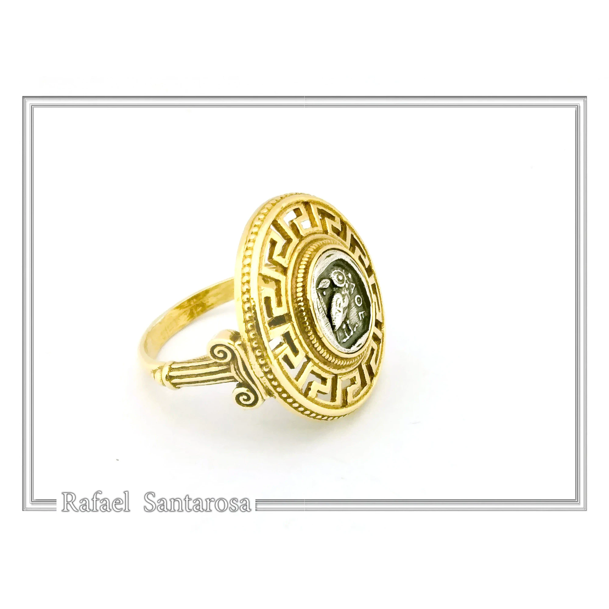 Athena Owl Coin Greek Key Ring with Greek Columns: Oxidized & Gold Filled Sterling Silver — additional product image 4 from Rafael Santarosa Fine Jewelry