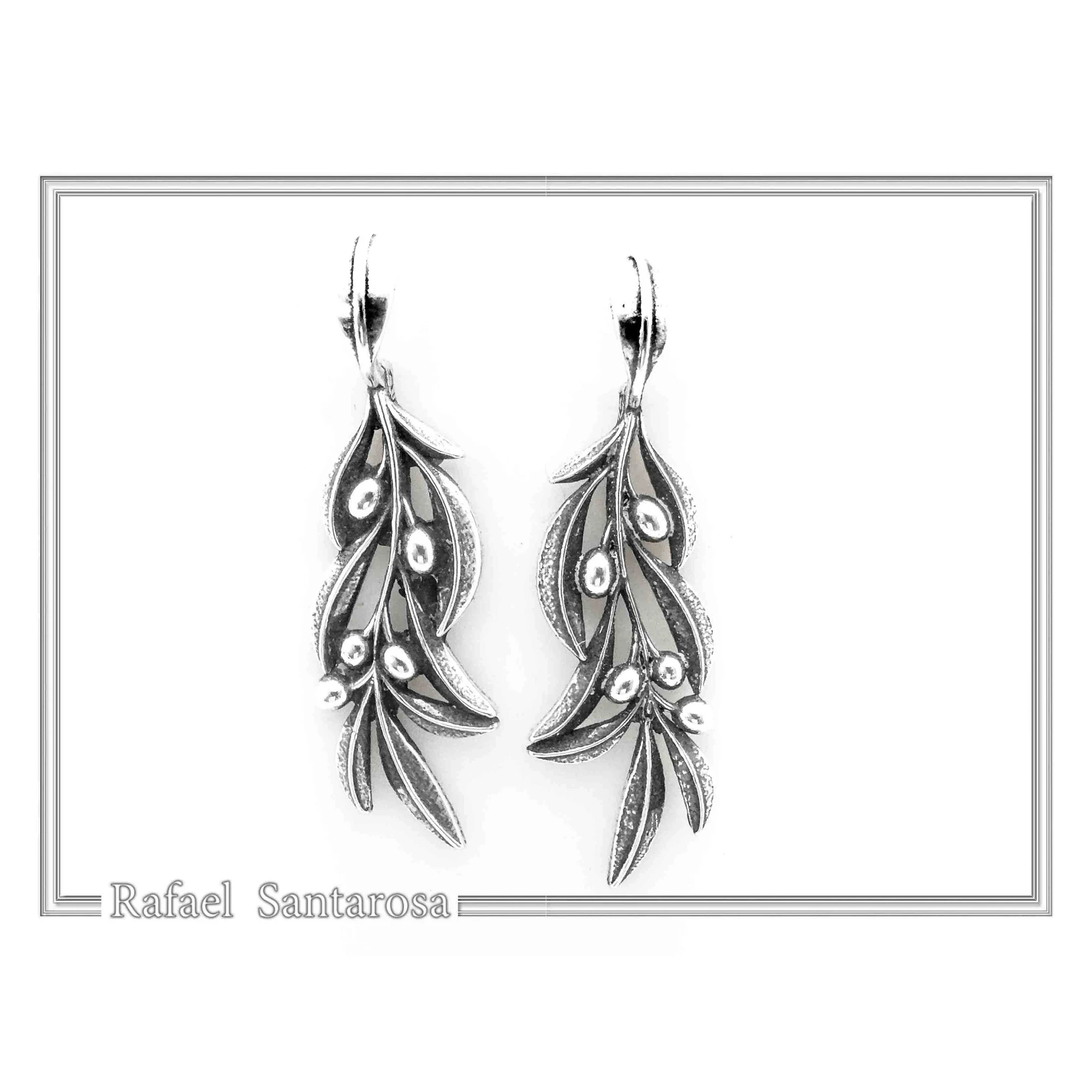 Olive Leaf Branch Drop Earrings Greek Mythology Peace Symbol: Oxidized Sterling Silver — additional product image 4 from Rafael Santarosa Fine Jewelry