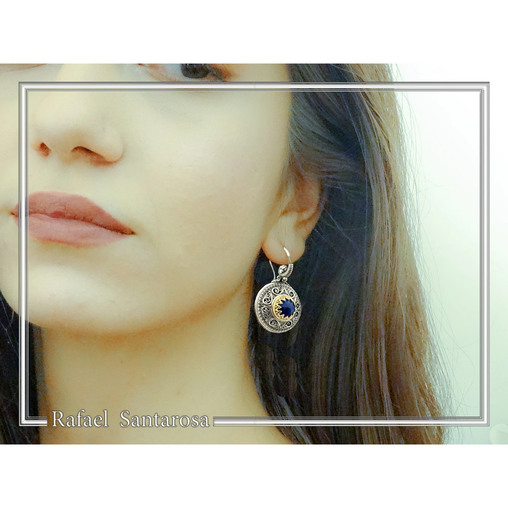 Lapis Lazuli Earrings Byzantine Ornaments Decorated with Filigree Bezel: Oxidized and Gold-Filled Sterling Silver — additional product image 3 from Rafael Santarosa Fine Jewelry