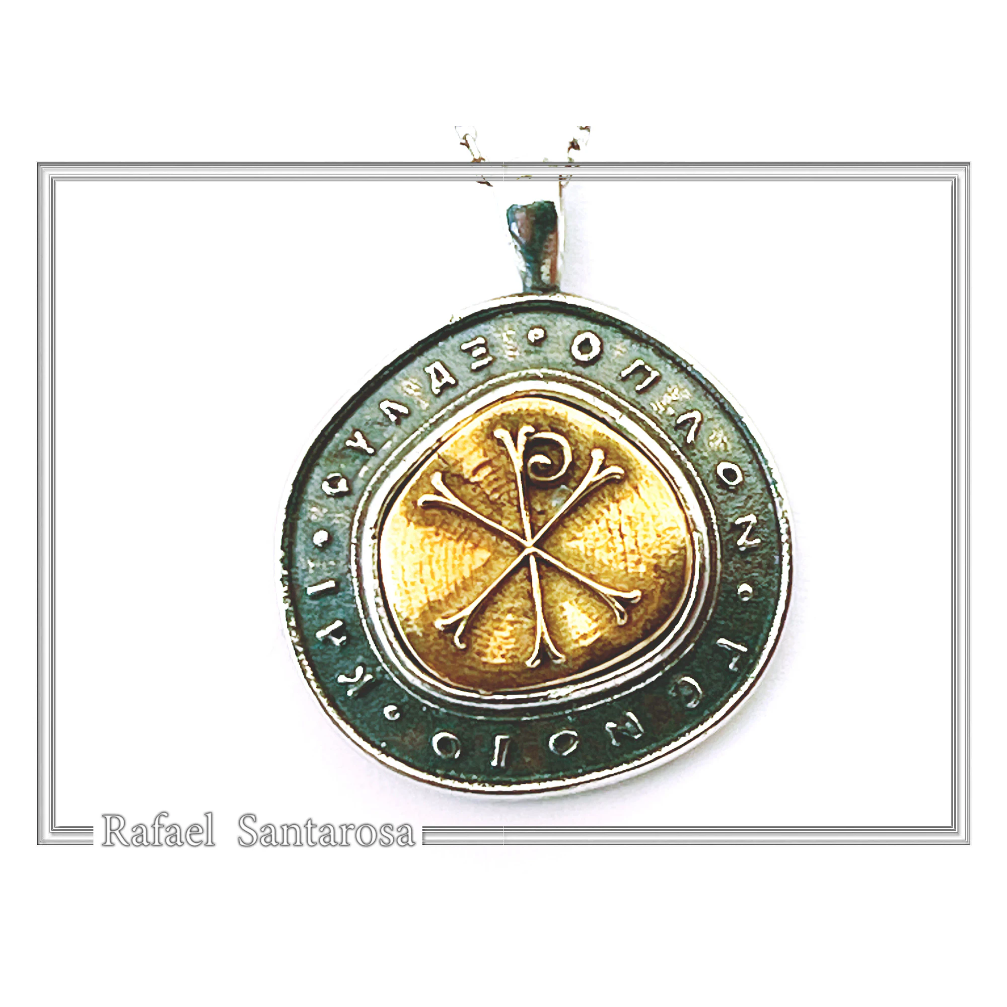 18k Gold Chi Ro Christogram on Oxidized Sterling Silver Pendant: Byzantine prayer inscription Talisman — additional product image 2 from Rafael Santarosa Fine Jewelry