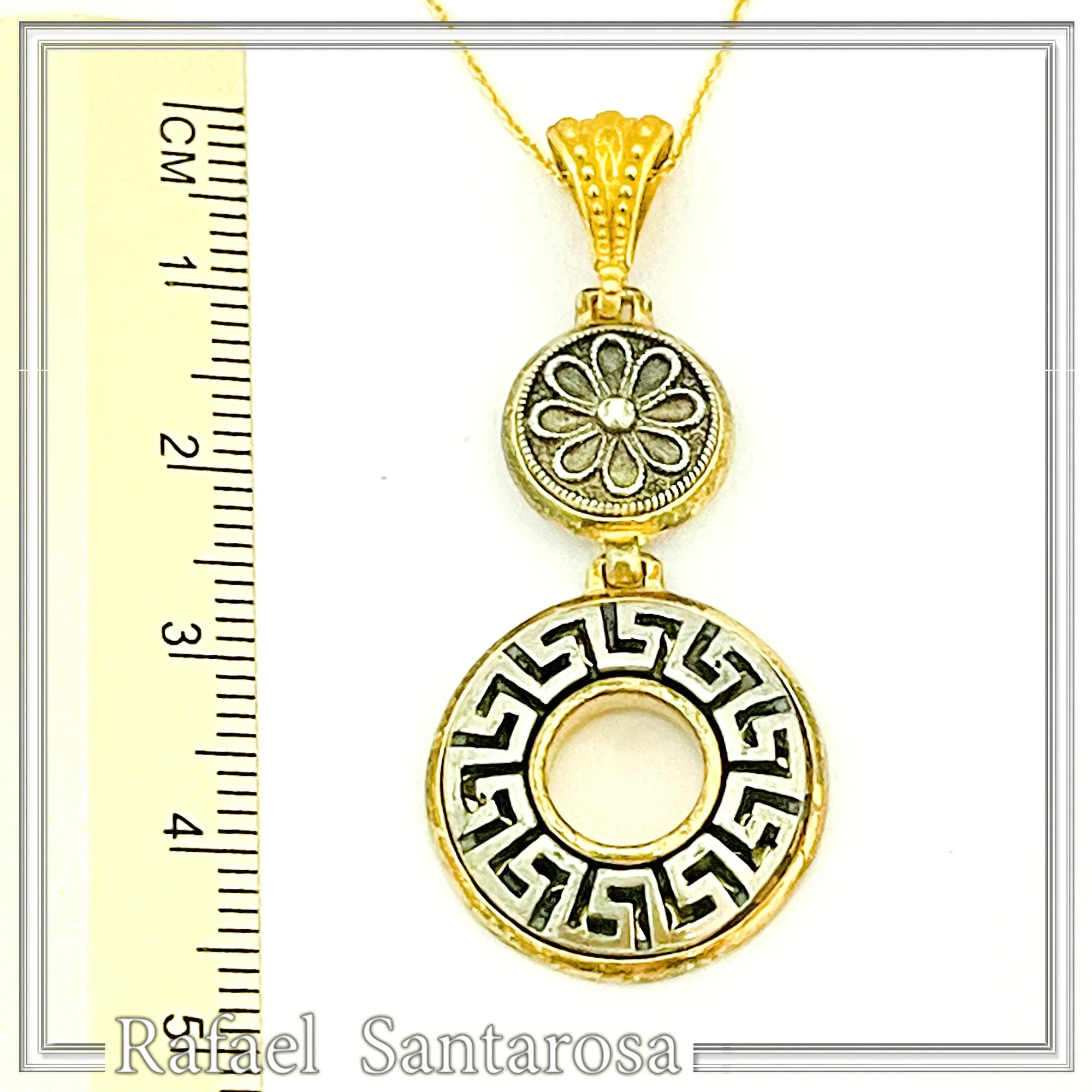 Greek Key & Greek Flower Dangle Necklace: Oxidized Sterling Silver Meander in 18K Gold-Filled Base — additional product image 8 from Rafael Santarosa Fine Jewelry