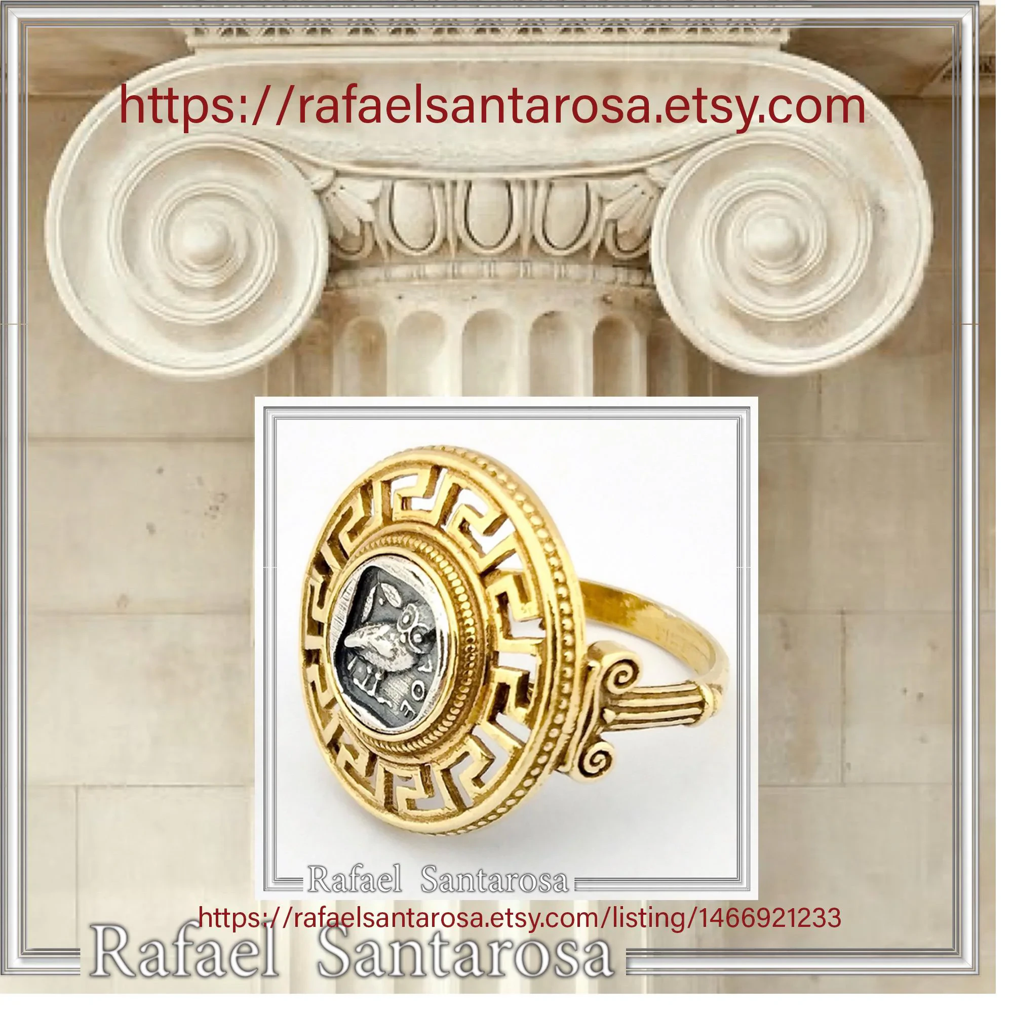 Athena Owl Coin Greek Key Ring with Greek Columns: Oxidized & Gold Filled Sterling Silver — additional product image 10 from Rafael Santarosa Fine Jewelry