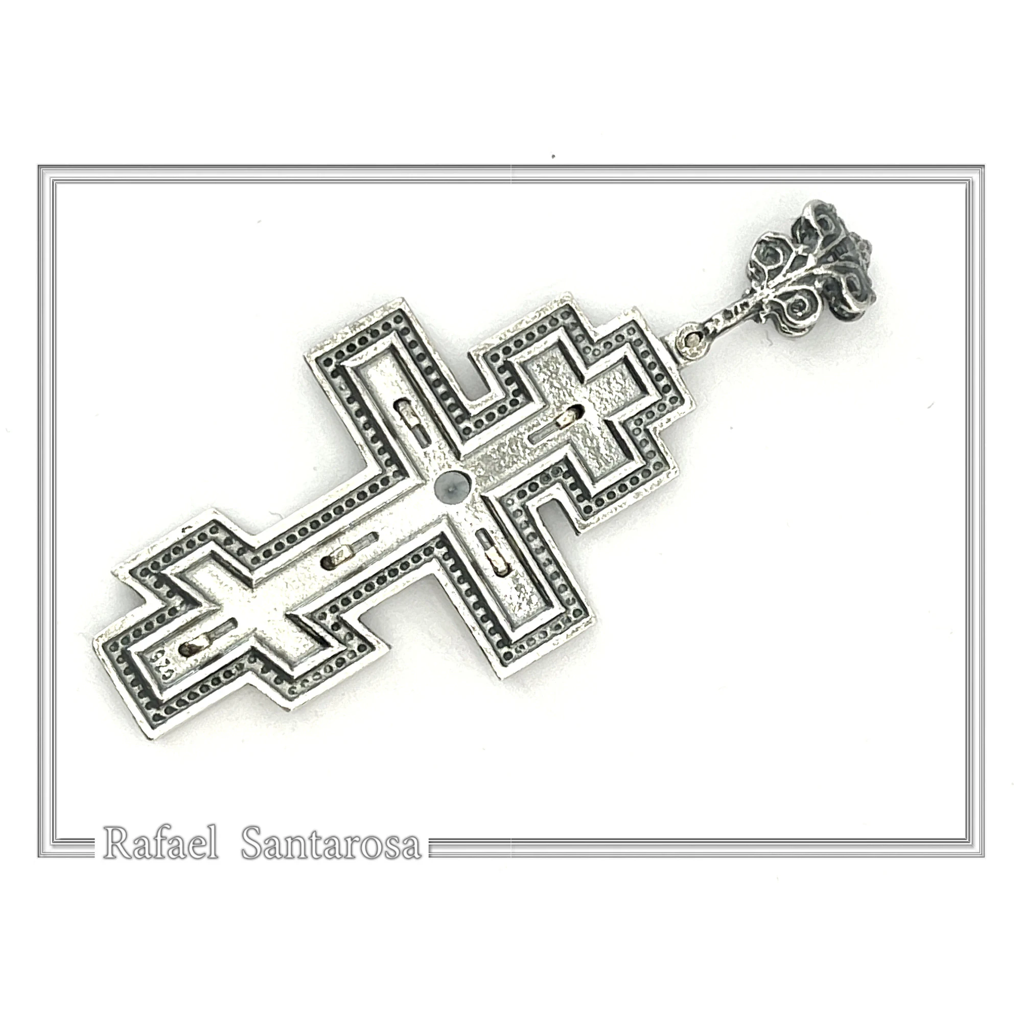 Russian type Orthodox Cross: Sky Blue Topaz, Oxidized & 18K Gold Filled Silver Byzantine Filigree — additional product image 7 from Rafael Santarosa Fine Jewelry