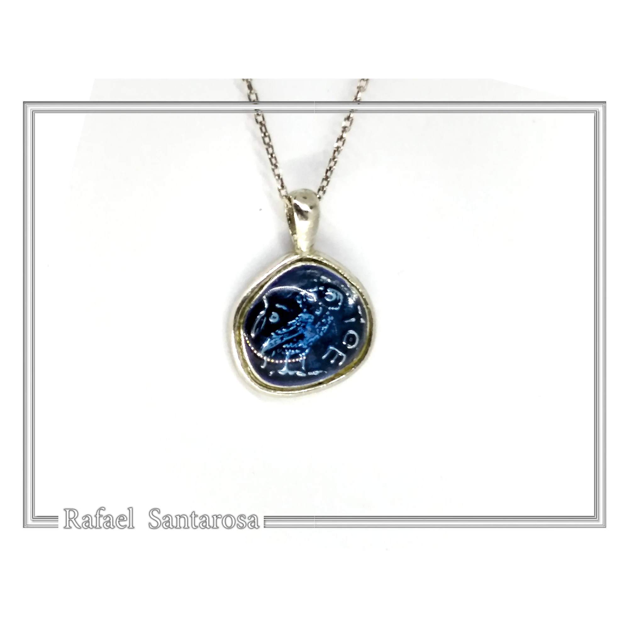 Athena's Owl Symbol of Wisdom Coin Pendant: Blue Enamel, Oxidized Sterling Silver — additional product image 5 from Rafael Santarosa Fine Jewelry