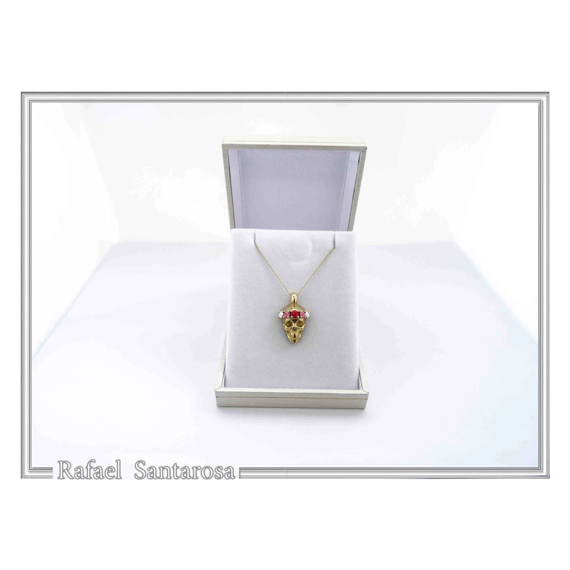 Skull With Rose Flowers Wreath Gothic Necklace: Sterling Silver 18K Gold Filled Pendant — additional product image 9 from Rafael Santarosa Fine Jewelry