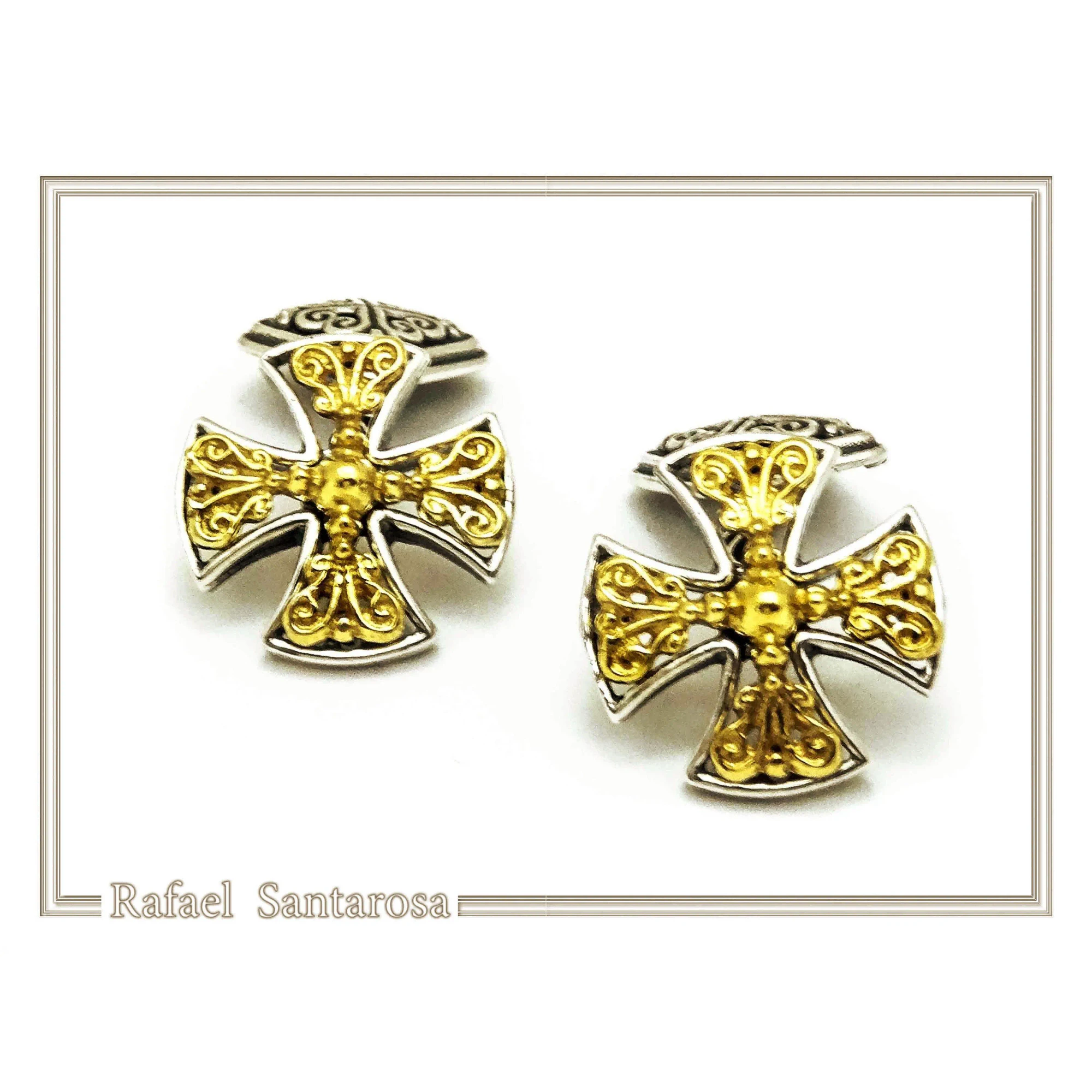 Byzantine Religious Cross Cufflinks: Oxidized & 18k Gold Filled Filigree Sterling Silver Christian cufflinks — additional product image 5 from Rafael Santarosa Fine Jewelry