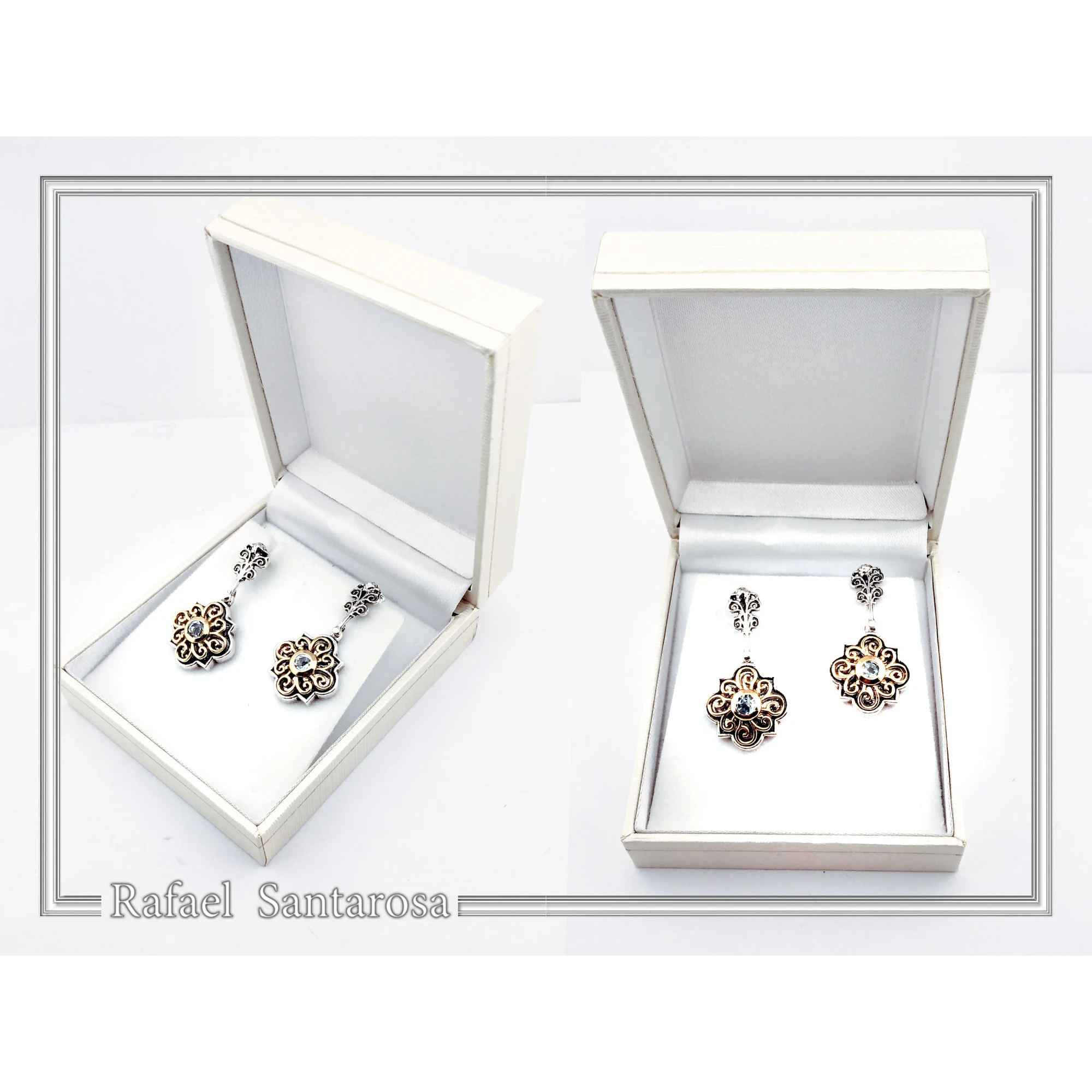 Byzantine Genuine Gemstones Silver Earrings: 18K Gold Filled Filigree on oxidised silver base — additional product image 9 from Rafael Santarosa Fine Jewelry