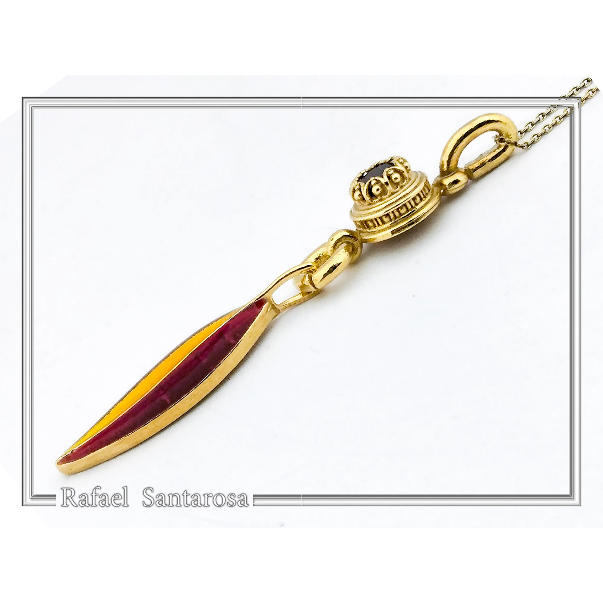 Olive Leaf Dangle Necklace: Natural Garnet and Enamel Floral Sterling Silver 18K Gold Filled — additional product image 6 from Rafael Santarosa Fine Jewelry