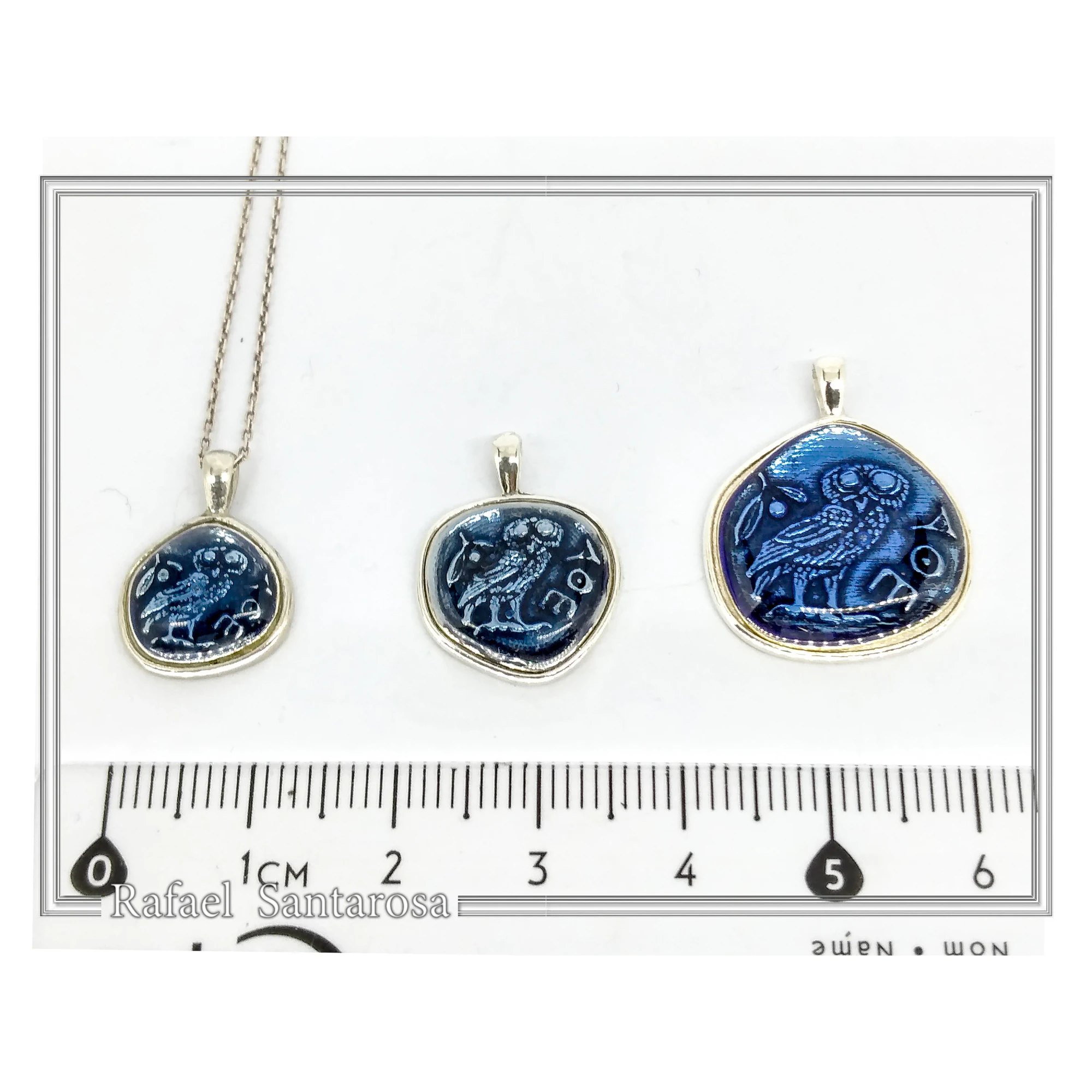 Athena's Owl Symbol of Wisdom Coin Pendant: Blue Enamel, Oxidized Sterling Silver — additional product image 8 from Rafael Santarosa Fine Jewelry