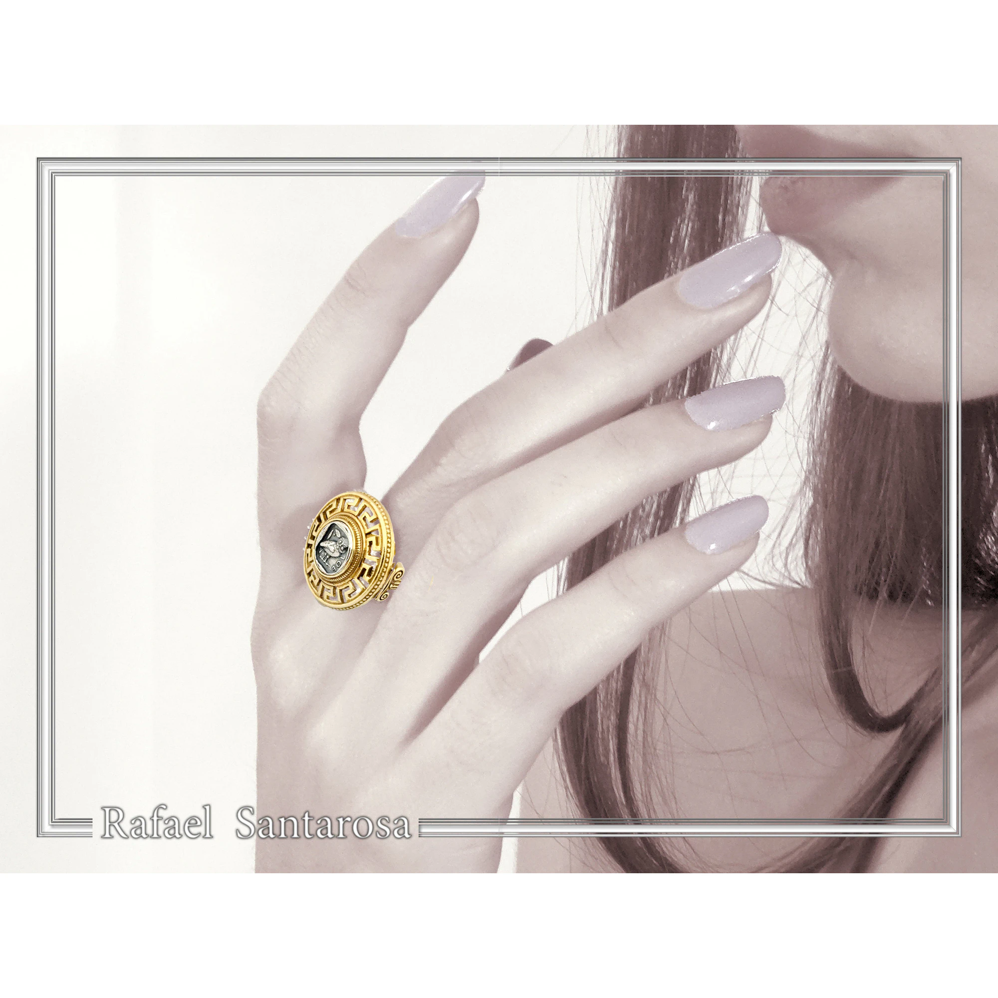 Athena Owl Coin Greek Key Ring with Greek Columns: Oxidized & Gold Filled Sterling Silver — additional product image 3 from Rafael Santarosa Fine Jewelry