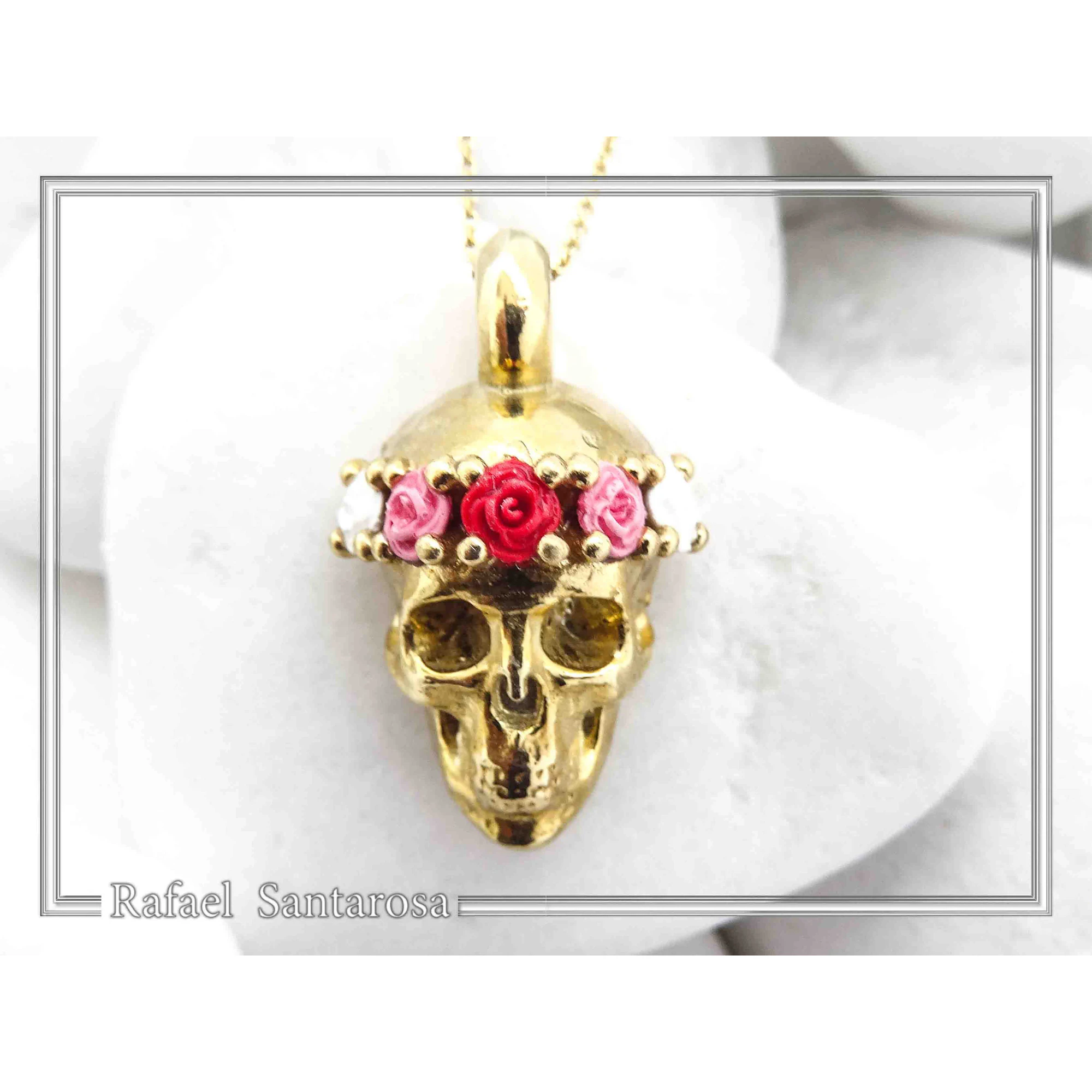 Skull With Rose Flowers Wreath Gothic Necklace: Sterling Silver 18K Gold Filled Pendant — additional product image 4 from Rafael Santarosa Fine Jewelry