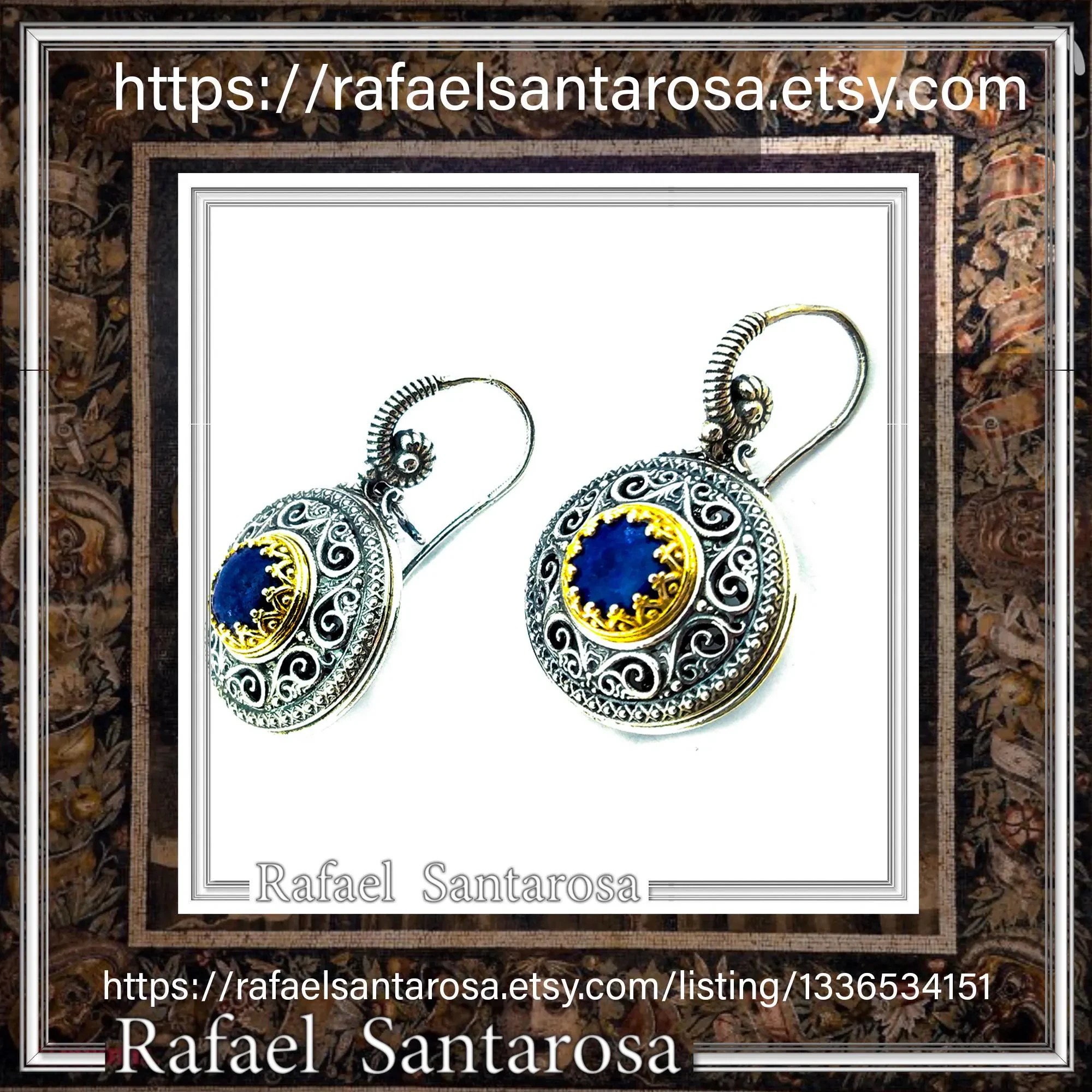 Lapis Lazuli Earrings Byzantine Ornaments Decorated with Filigree Bezel: Oxidized and Gold-Filled Sterling Silver — additional product image 10 from Rafael Santarosa Fine Jewelry
