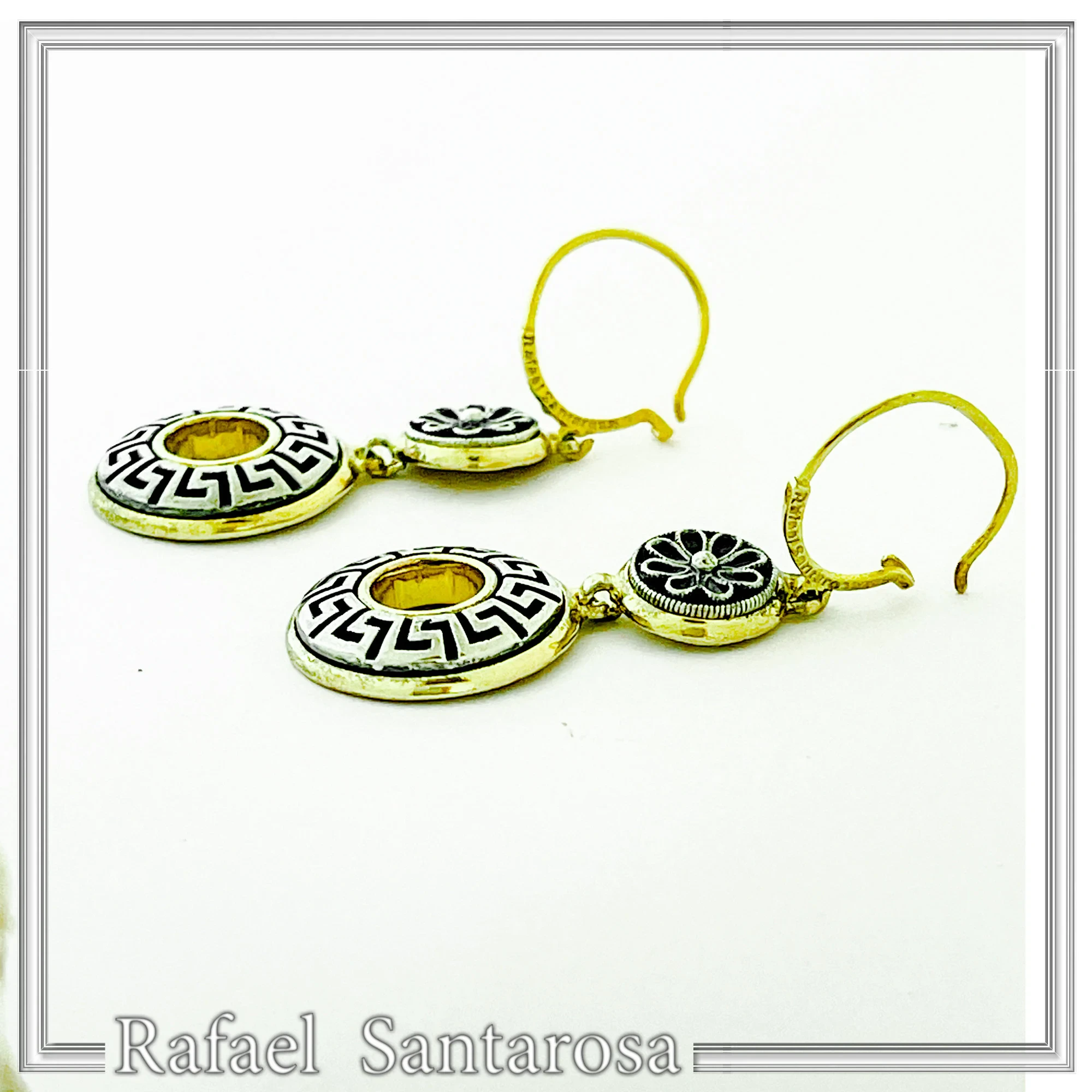 Greek Key and Greek flower Museum Earrings: 18K Gold Filled & Oxidized Sterling Silver — additional product image 5 from Rafael Santarosa Fine Jewelry