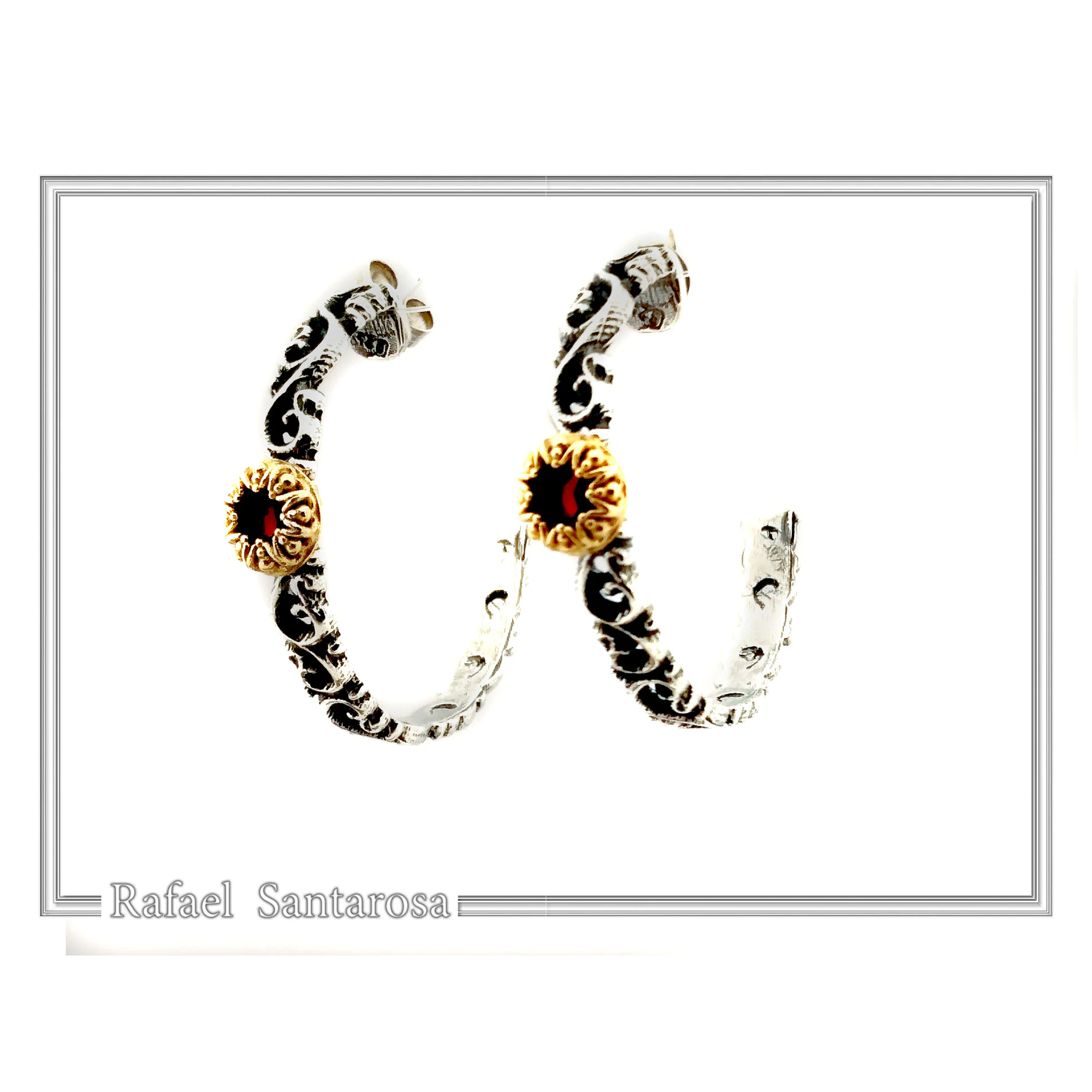Natural Red Garnet Byzantine sculpture decorated Hoop Earrings: Oxidized & 18K Gold Filled Sterling Silver — additional product image 4 from Rafael Santarosa Fine Jewelry