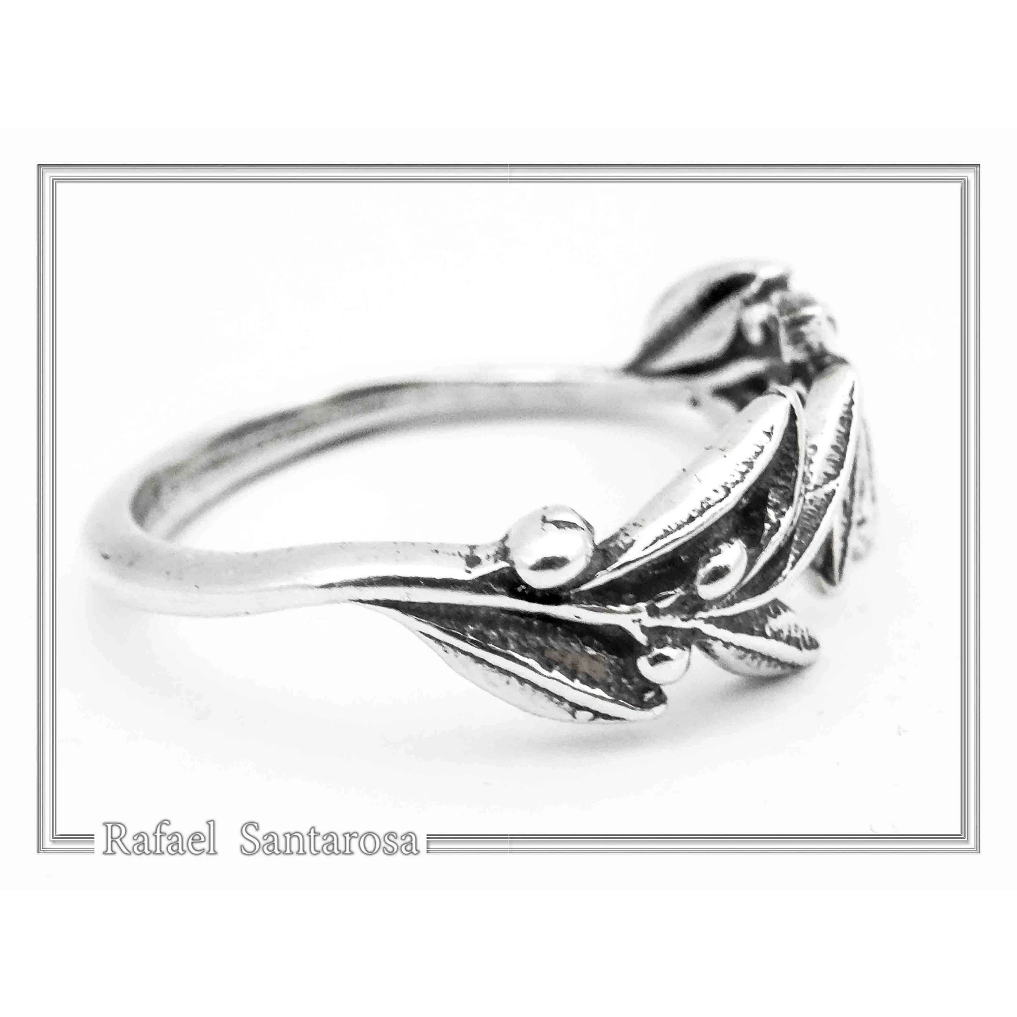 Oxidized Sterling Silver Olive Branch Adjustable Ring: Floral Jewelry Greek Mythology Peace Symbol — additional product image 7 from Rafael Santarosa Fine Jewelry
