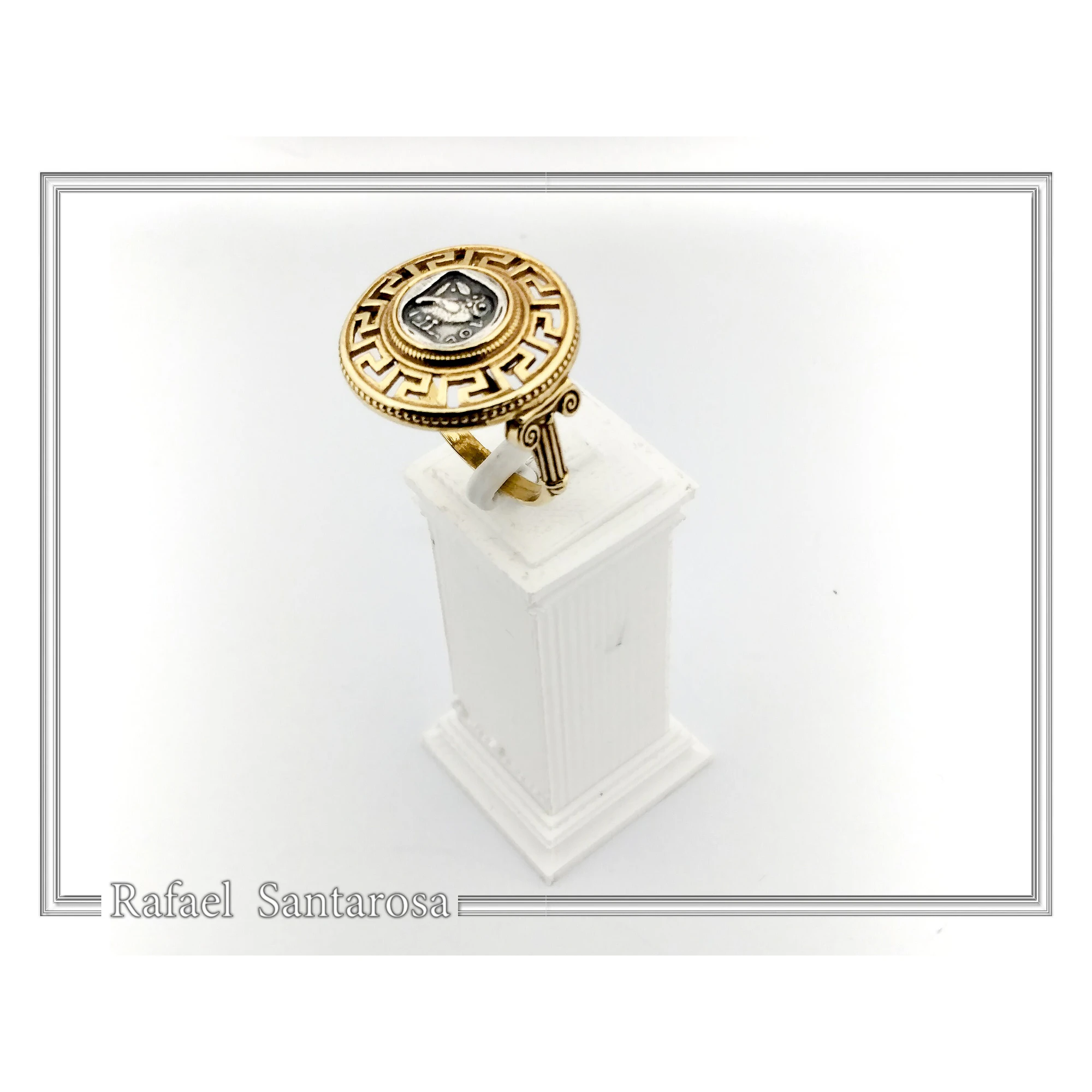 Athena Owl Coin Greek Key Ring with Greek Columns: Oxidized & Gold Filled Sterling Silver — additional product image 5 from Rafael Santarosa Fine Jewelry
