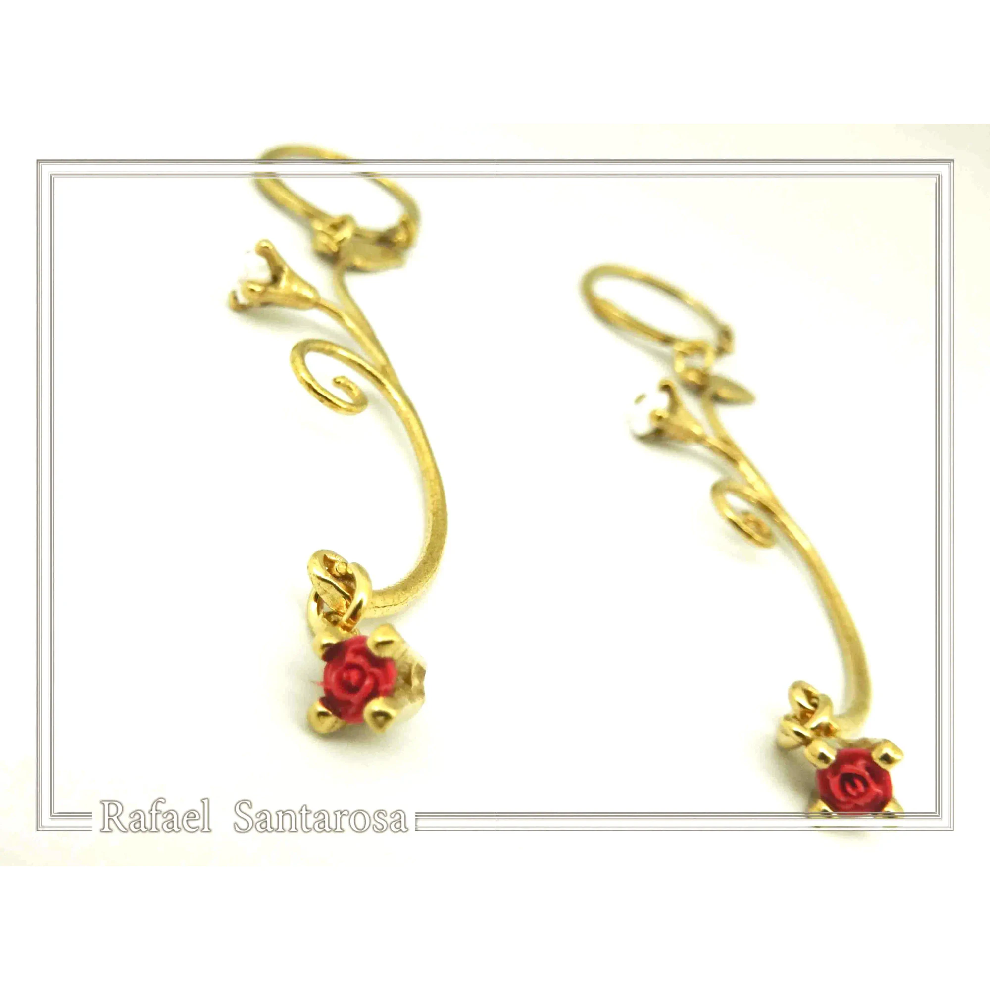 Gold-Filled Sterling Silver Rose Earrings: Red & White Alabaster Flowers — additional product image 5 from Rafael Santarosa Fine Jewelry