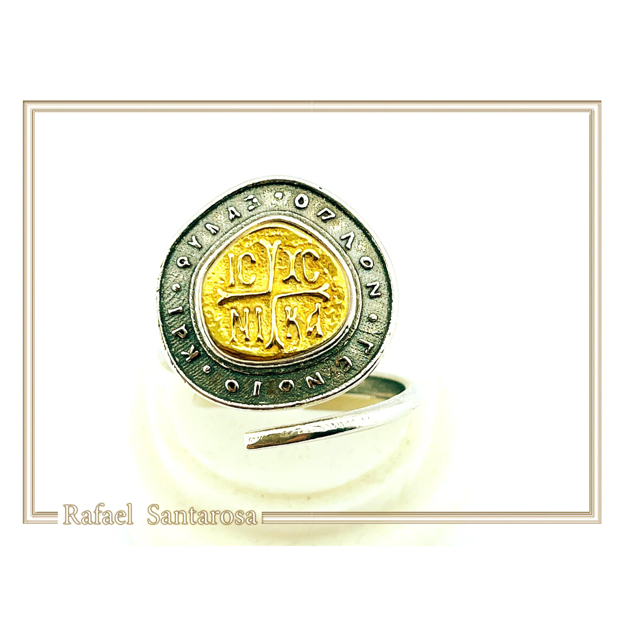 Jesus Christ Victorious ICXC NIKA Byzantine Talisman Adjustable Ring: 18K Gold & Oxidized Sterling Silver — additional product image 2 from Rafael Santarosa Fine Jewelry