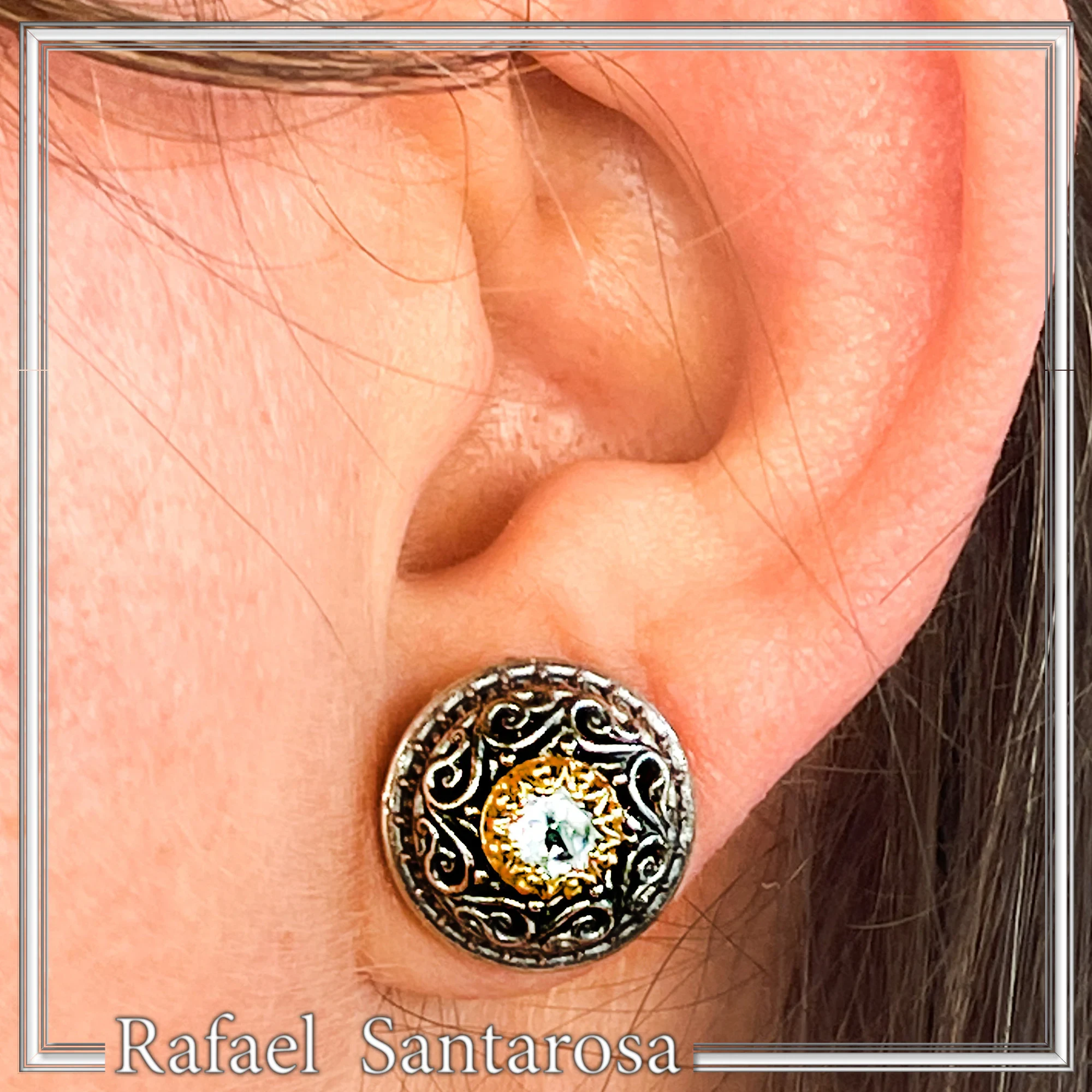 Byzantine Filigree Genuine Blue Topaz Stud Earrings: Oxidised & 18K Gold Filled Sterling Silver — additional product image 2 from Rafael Santarosa Fine Jewelry