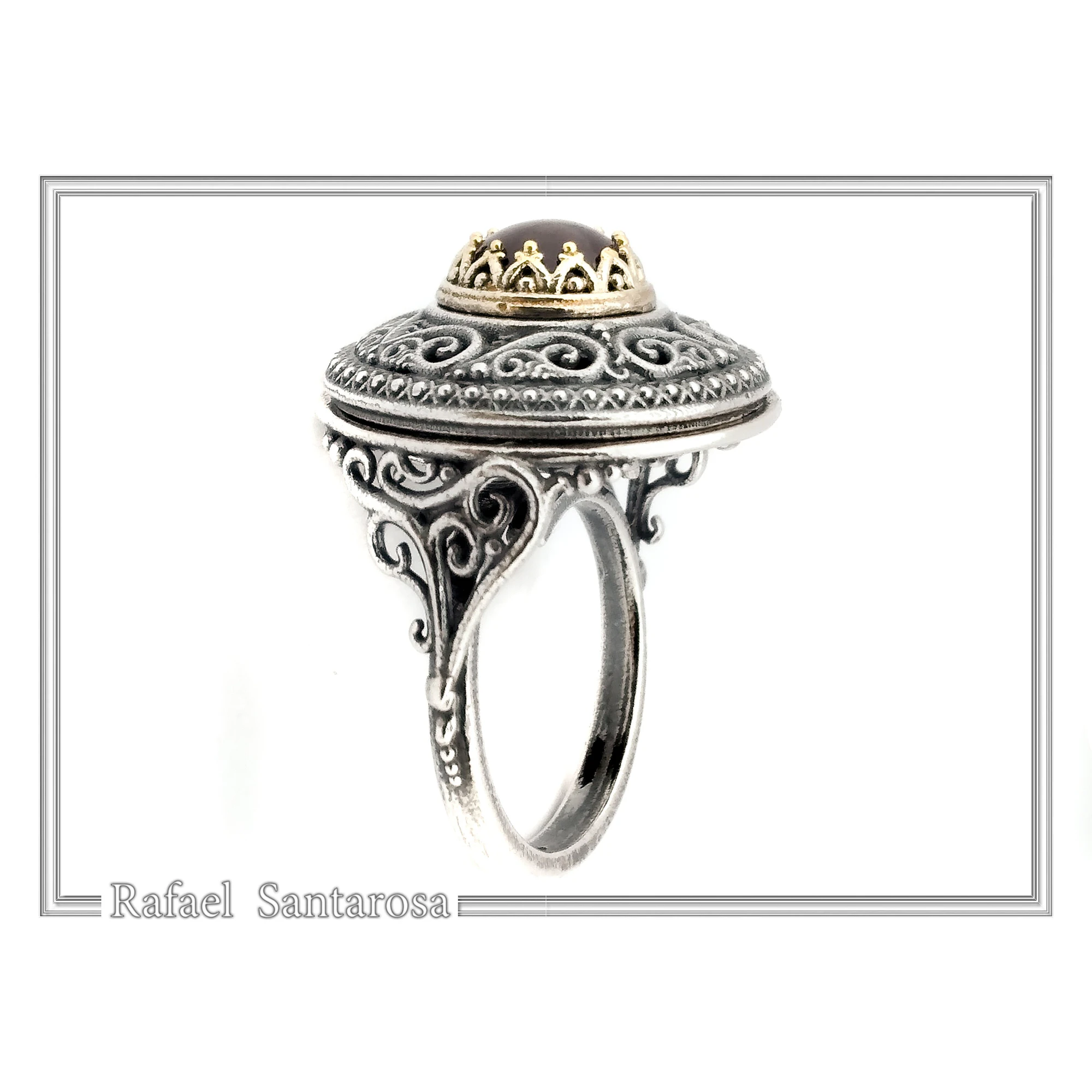 Genuine Red Garnet Byzantine Hand Sculptured Ring: Sterling Silver Oxidized and 18K Gold Filled — additional product image 4 from Rafael Santarosa Fine Jewelry