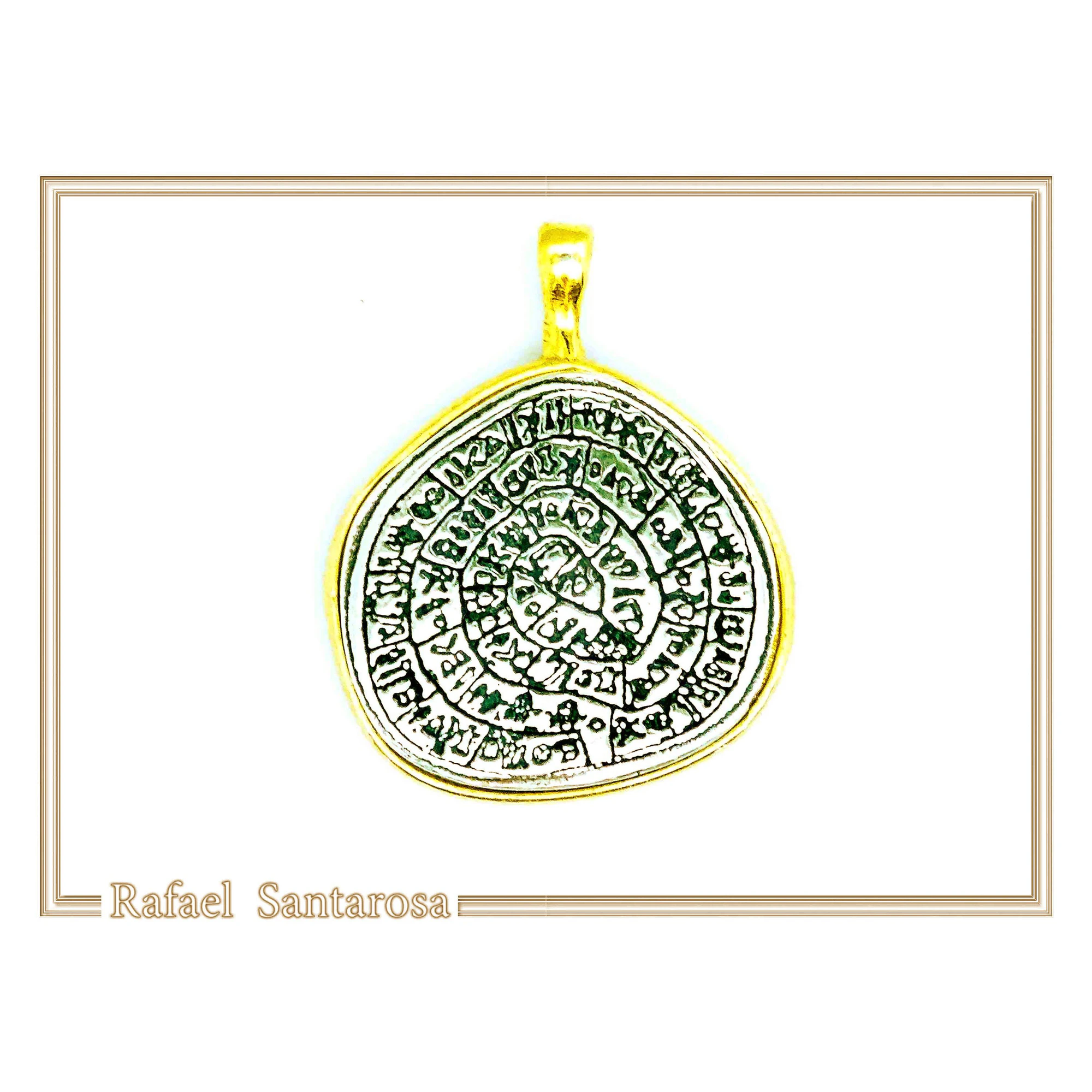 Ancient Greek Calendar Charm Phaistos Disc Pendant: Oxidized Sterling Silver, 18k Gold-Filled, — additional product image 4 from Rafael Santarosa Fine Jewelry
