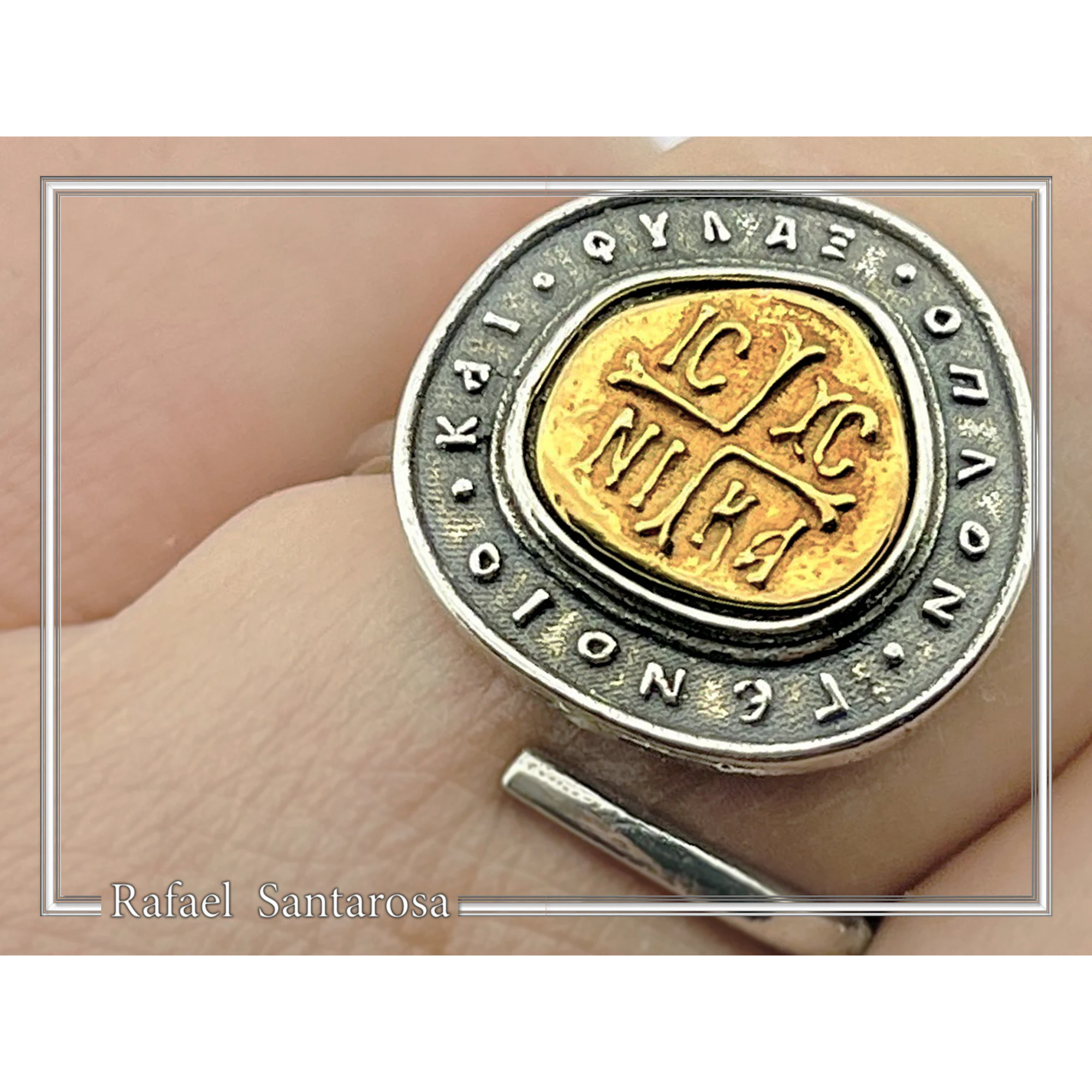 Jesus Christ Victorious ICXC NIKA Byzantine Talisman Adjustable Ring: 18K Gold & Oxidized Sterling Silver — additional product image 5 from Rafael Santarosa Fine Jewelry