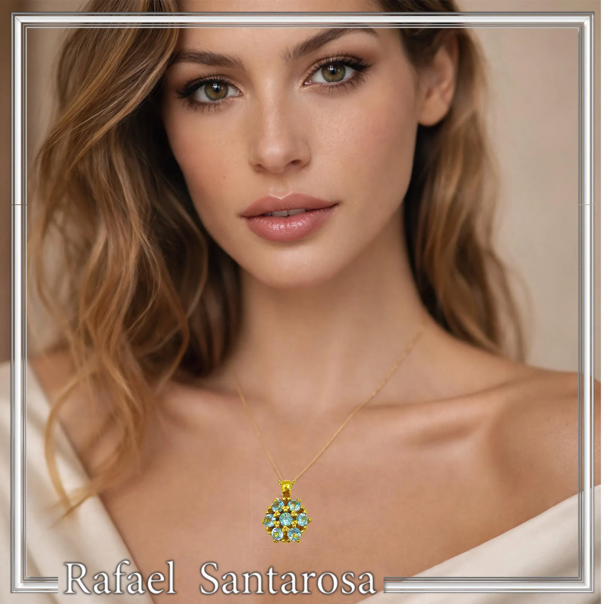 Sky Blue Topaz Rosette Pendant Sterling Silver 18k Gold Filled Pave Cluster Necklace Handmade — additional product image 3 from Rafael Santarosa Fine Jewelry