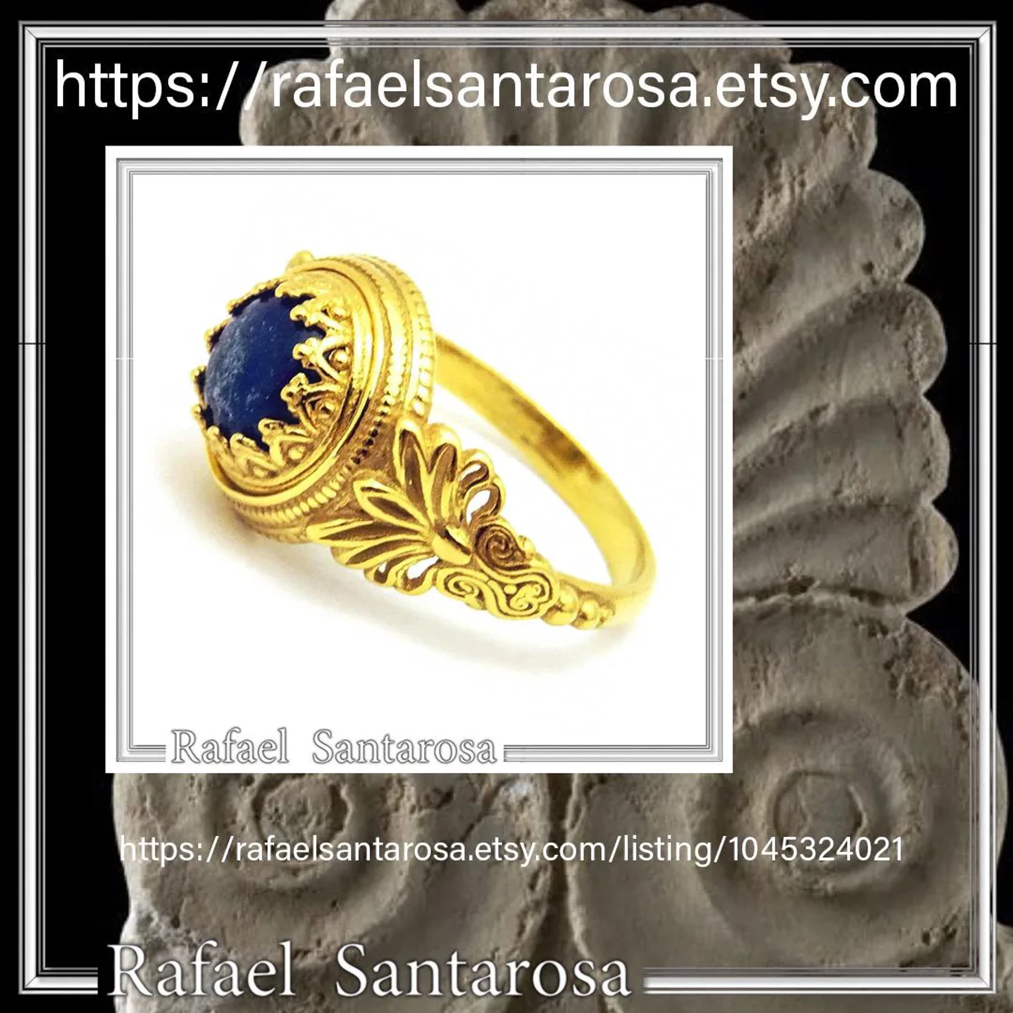 Natural Lapis Lazuli Greek Museum Ring: Handmade Filigree antefix 18K Gold-Filled Sterling Silver — additional product image 10 from Rafael Santarosa Fine Jewelry