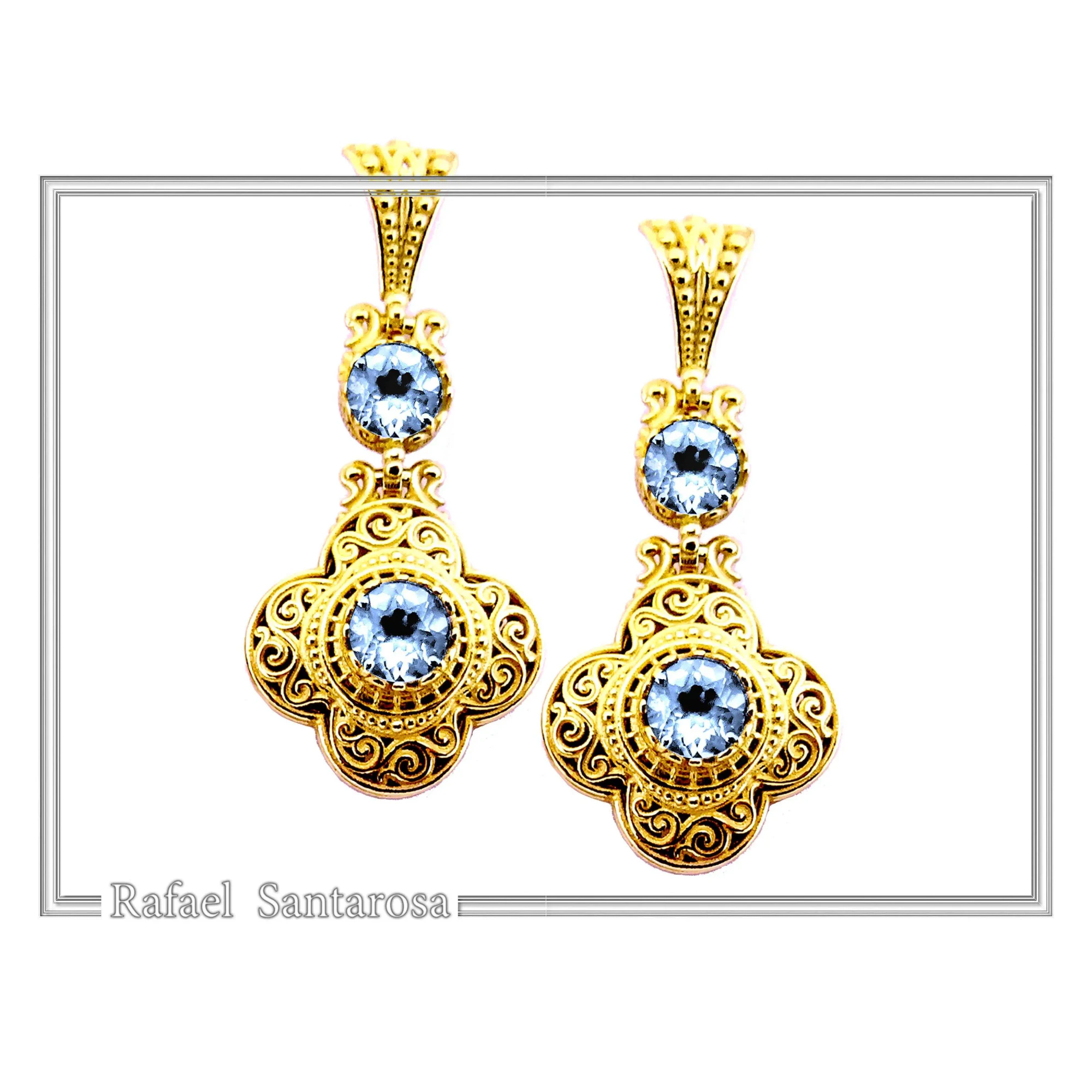 Byzantine Filigree Drop Earrings: Sterling Silver 18K Gold-Filled, Natural Topaz