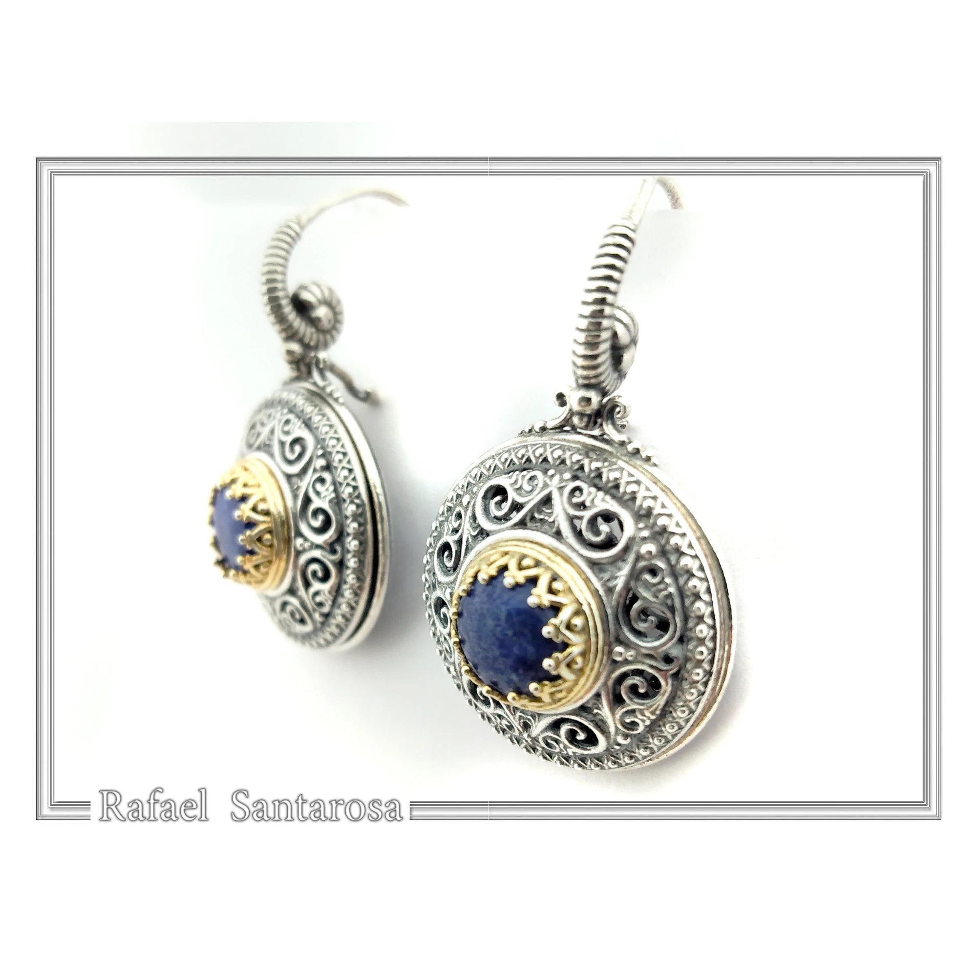 Lapis Lazuli Earrings Byzantine Ornaments Decorated with Filigree Bezel: Oxidized and Gold-Filled Sterling Silver — additional product image 2 from Rafael Santarosa Fine Jewelry