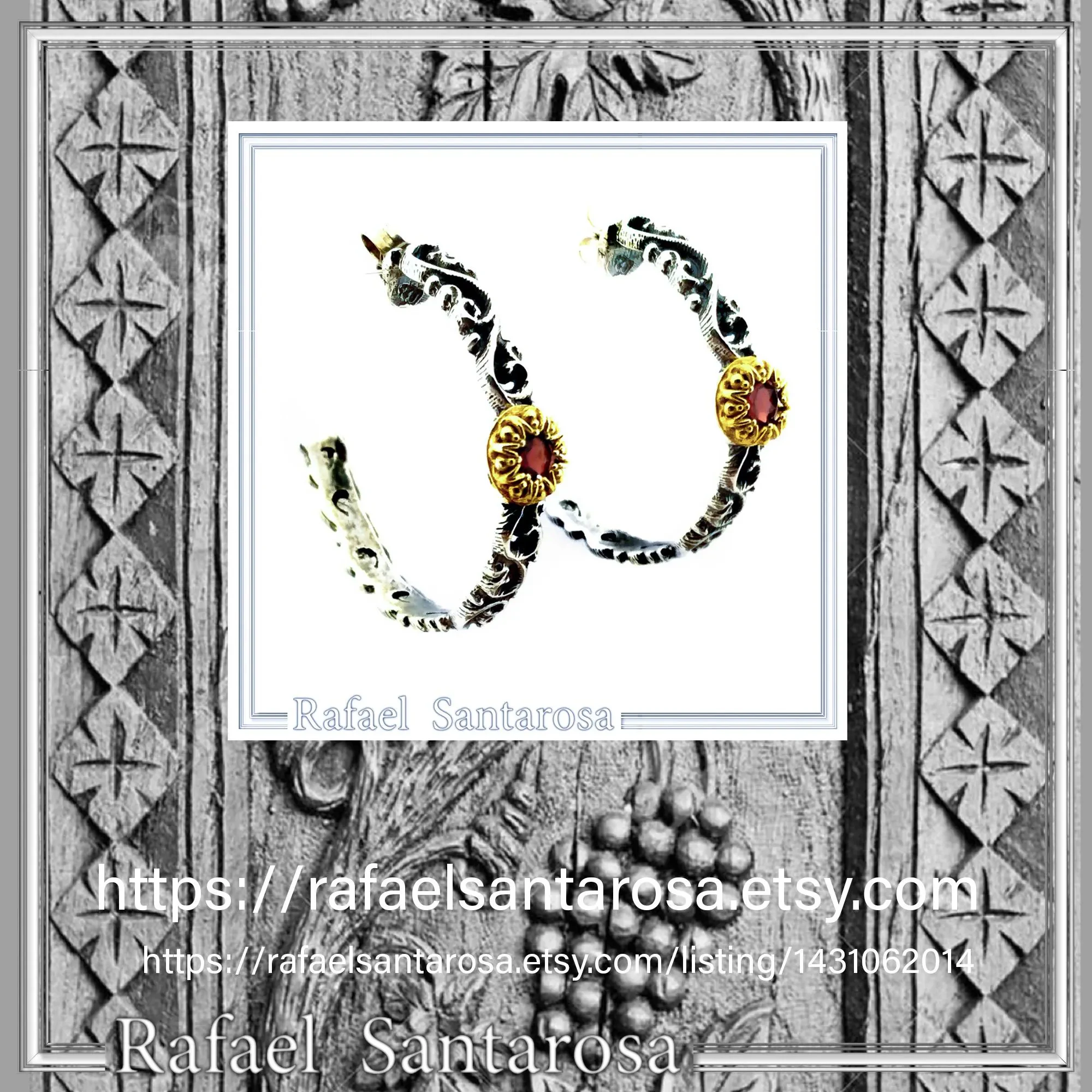 Natural Red Garnet Byzantine sculpture decorated Hoop Earrings: Oxidized & 18K Gold Filled Sterling Silver — additional product image 10 from Rafael Santarosa Fine Jewelry