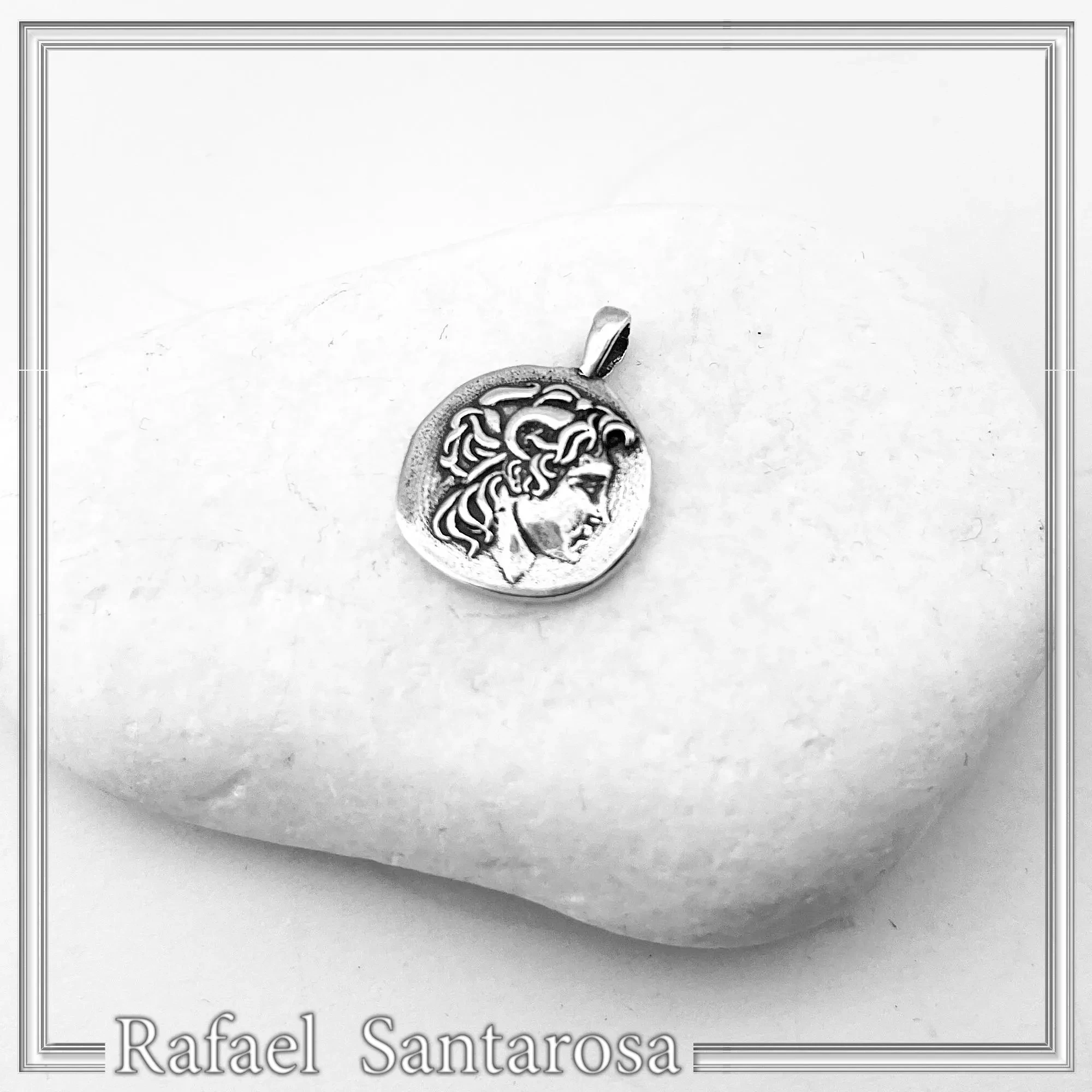 Alexander the Greek deified tetradrachm sterling silver pendant, Ancient Greek museum replica of Lysimachus coin — additional product image 6 from Rafael Santarosa Fine Jewelry