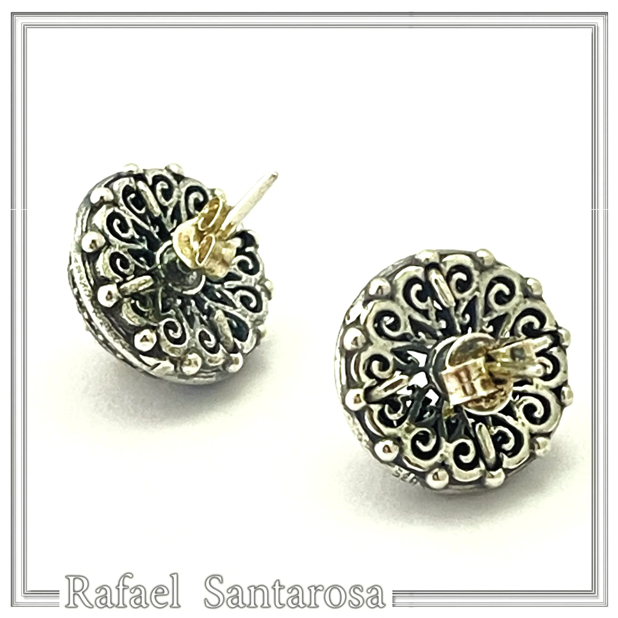 Byzantine Filigree Genuine Blue Topaz Stud Earrings: Oxidised & 18K Gold Filled Sterling Silver — additional product image 8 from Rafael Santarosa Fine Jewelry