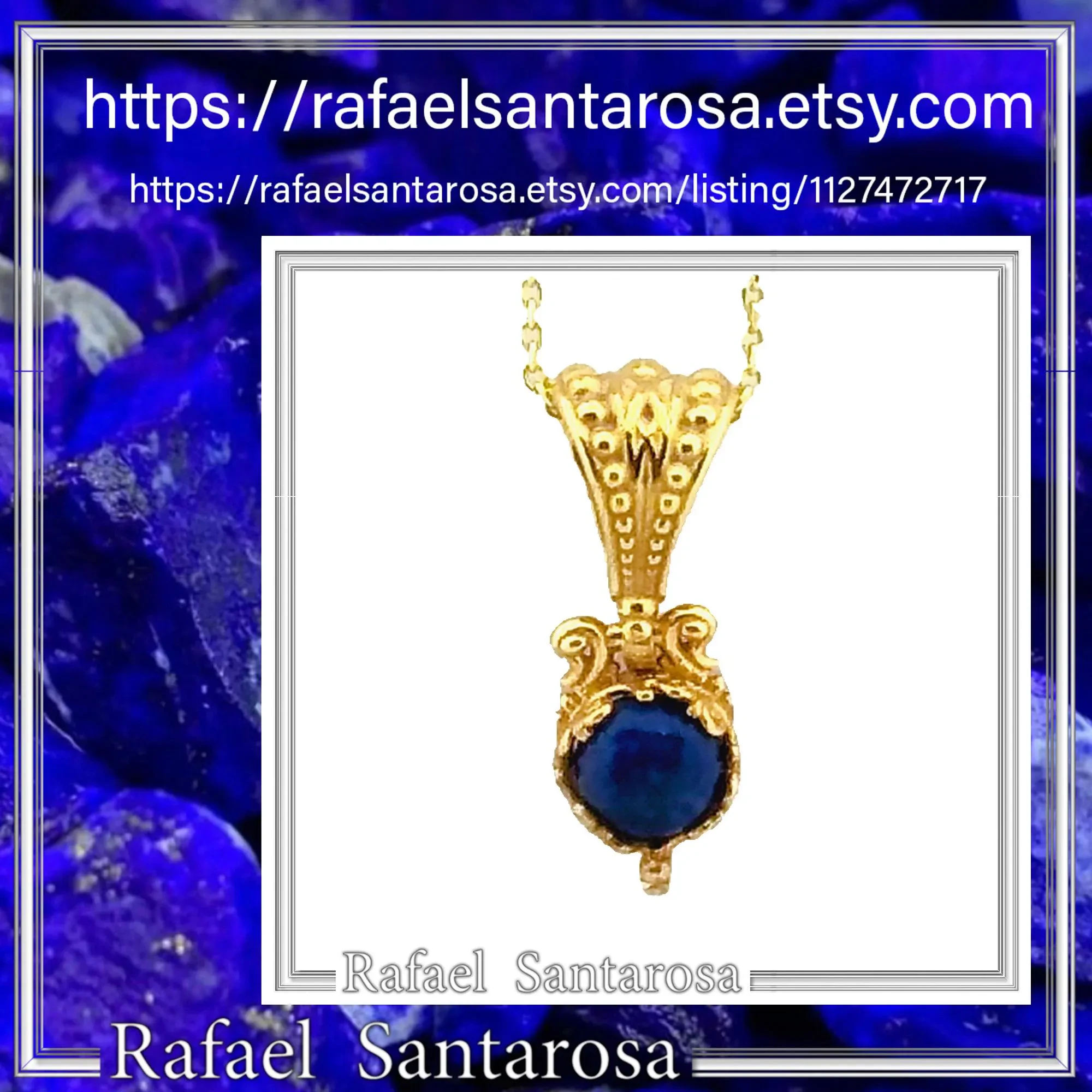 Natural Lapis Lazuli Filigree Byzantine Necklace: Sterling Silver Gold-Filled Genuine Gem Pendant — additional product image 10 from Rafael Santarosa Fine Jewelry