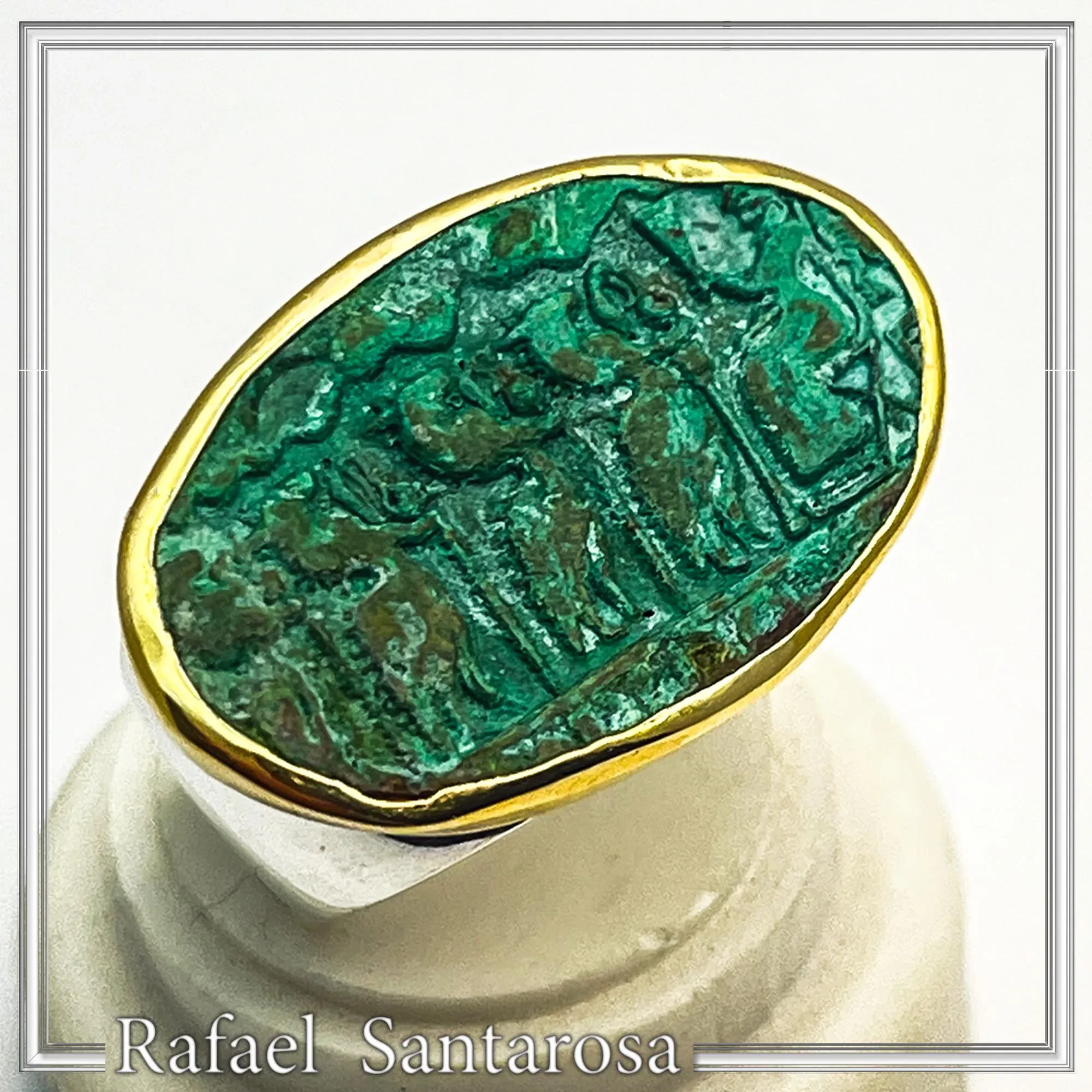 Minoan Sacred Scene Ring, Oxidised Copper, 14K Gold Bezel, Sterling Silver Band — additional product image 2 from Rafael Santarosa Fine Jewelry