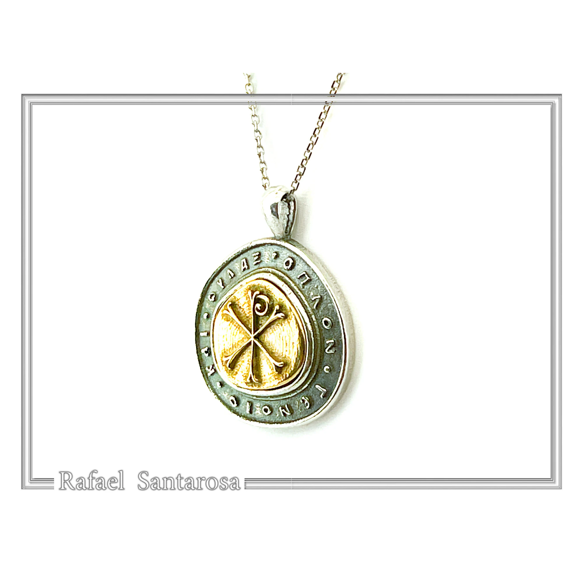 18k Gold Chi Ro Christogram on Oxidized Sterling Silver Pendant: Byzantine prayer inscription Talisman — additional product image 5 from Rafael Santarosa Fine Jewelry