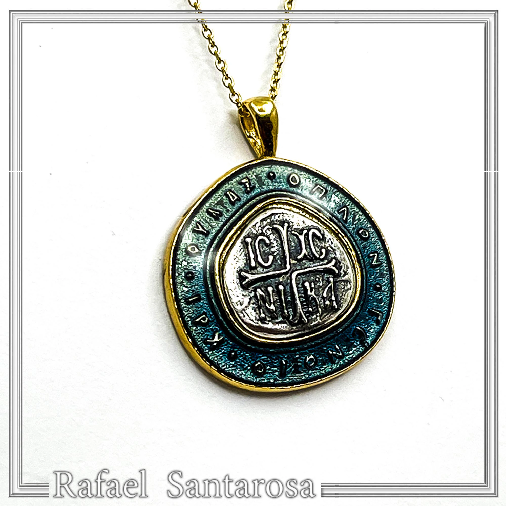 Byzantine Christian Prayer Talisman Necklace: Oxidized Sterling Silver, 18K Gold-Filled, Transparent Blue Enamel — additional product image 6 from Rafael Santarosa Fine Jewelry