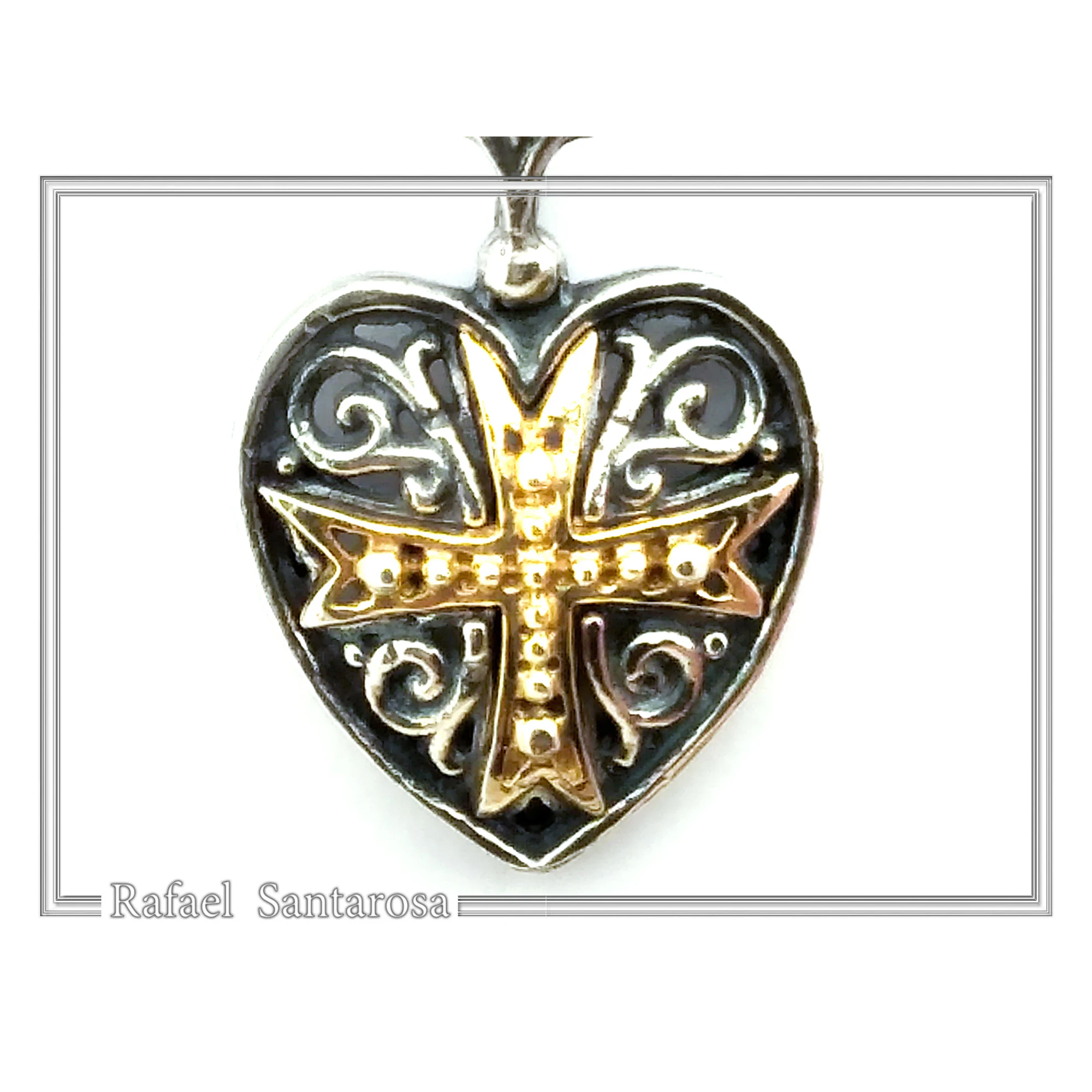 Byzantine Maltese Knights Cross Holy Heart Pendant: Oxidised and 18K Gold Filled Sterling Silver — additional product image 3 from Rafael Santarosa Fine Jewelry
