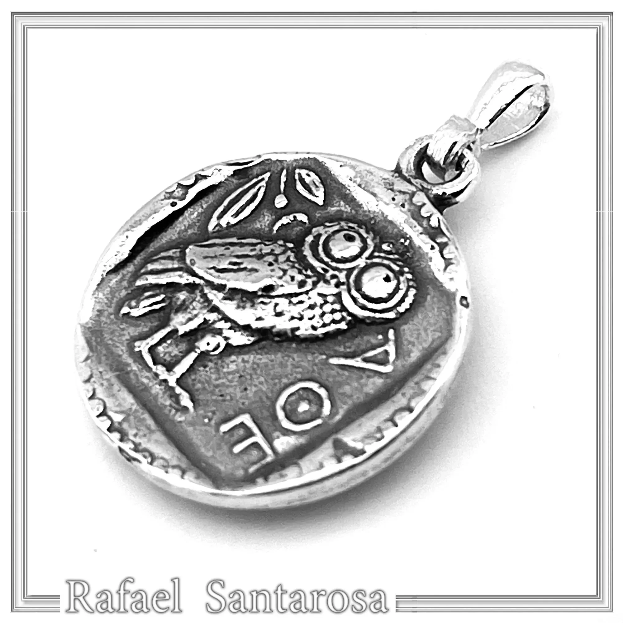 Ancient Greek Tetradrachm Owl Coin Pendant: Athena Wisdom Goddess Oxidized Sterling Silver Museum replica — additional product image 4 from Rafael Santarosa Fine Jewelry