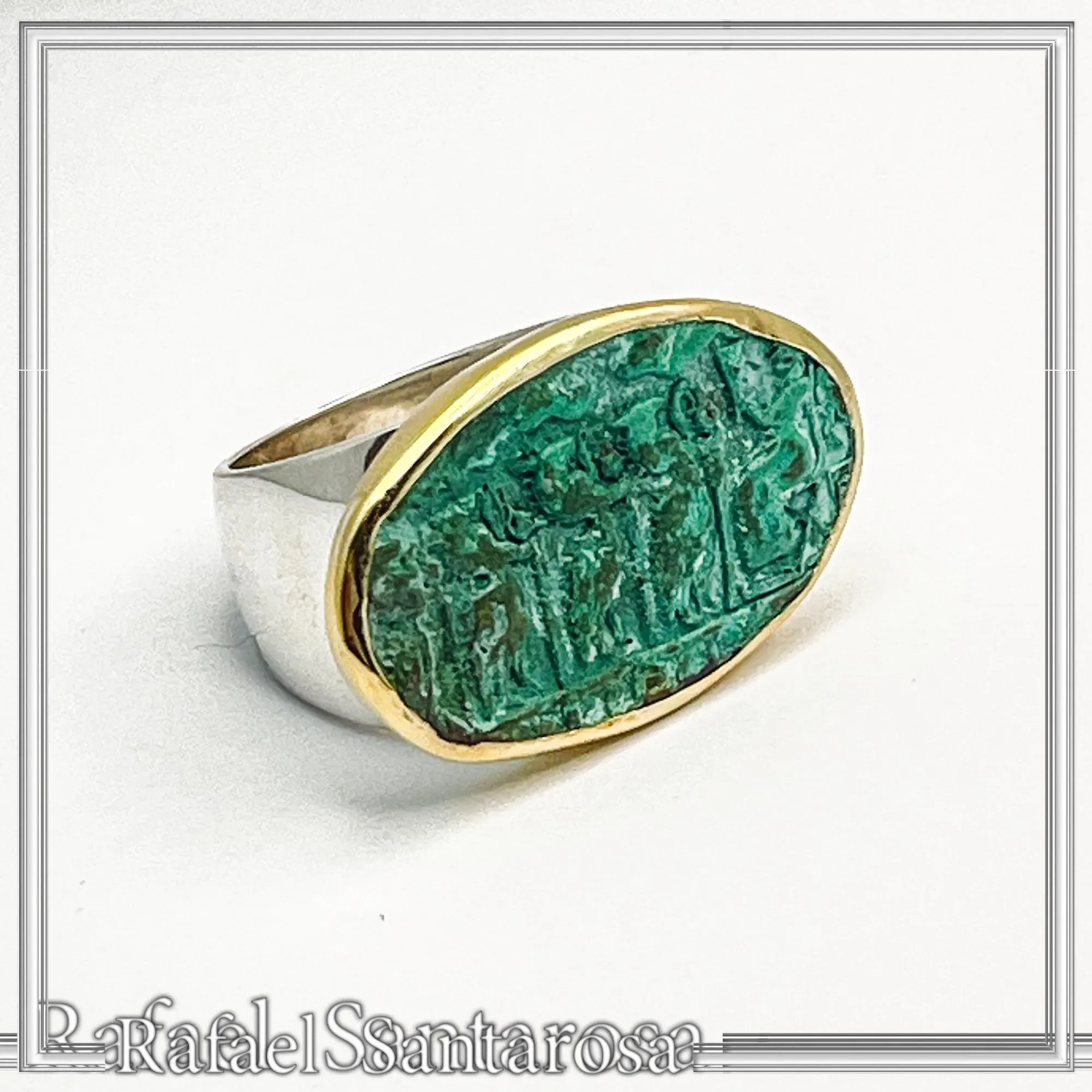 Minoan Sacred Scene Ring, Oxidised Copper, 14K Gold Bezel, Sterling Silver Band — additional product image 3 from Rafael Santarosa Fine Jewelry