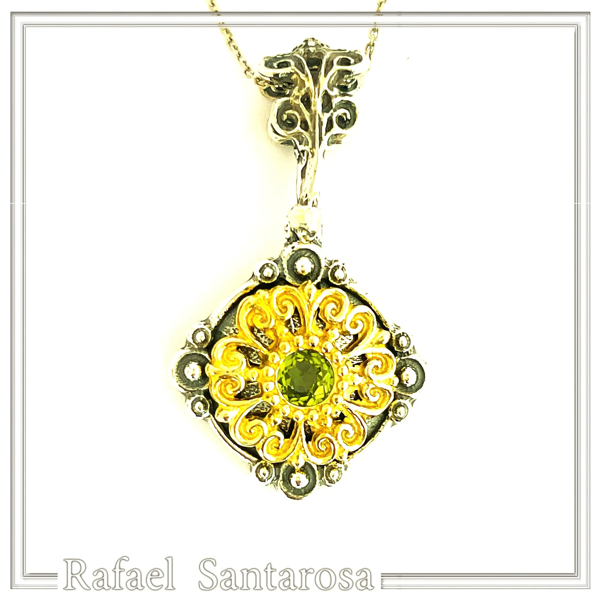 Genuine Peridot Gemstone Filigree Necklace: Sterling Silver Oxidised & Gold Filled Byzantine Pendant — additional product image 4 from Rafael Santarosa Fine Jewelry