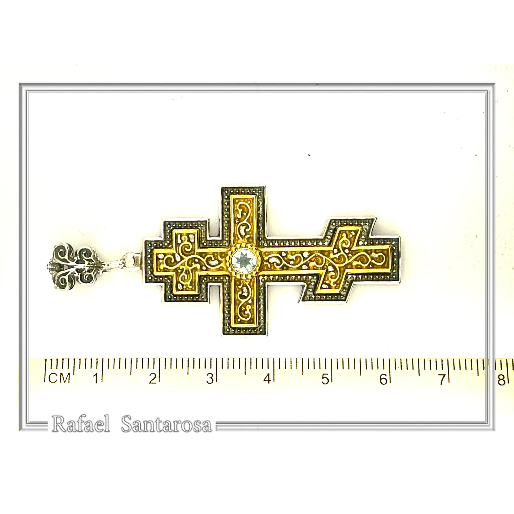 Russian type Orthodox Cross: Sky Blue Topaz, Oxidized & 18K Gold Filled Silver Byzantine Filigree — additional product image 8 from Rafael Santarosa Fine Jewelry