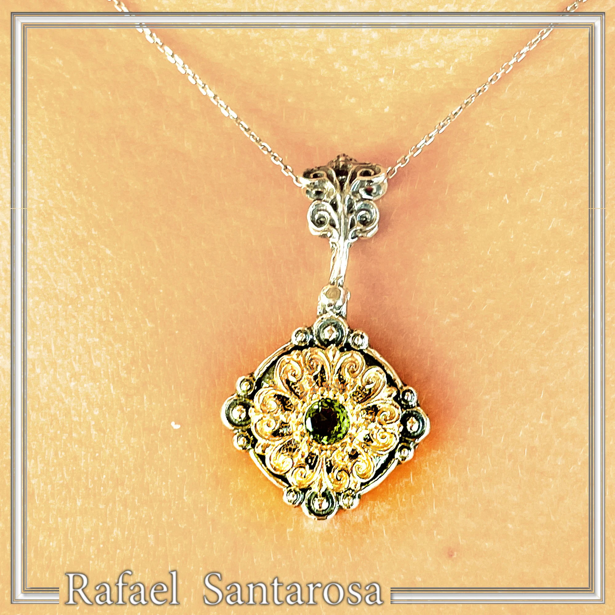 Genuine Peridot Gemstone Filigree Necklace: Sterling Silver Oxidised & Gold Filled Byzantine Pendant — additional product image 7 from Rafael Santarosa Fine Jewelry